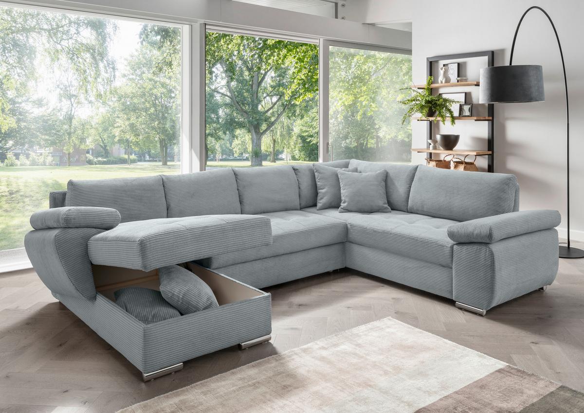 Wohnlandschaft Terana mit Schlaffunktion, Hellblau - Chromfarben/Hellblau, KONVENTIONELL, Textil (157/305/219cm) - Livetastic