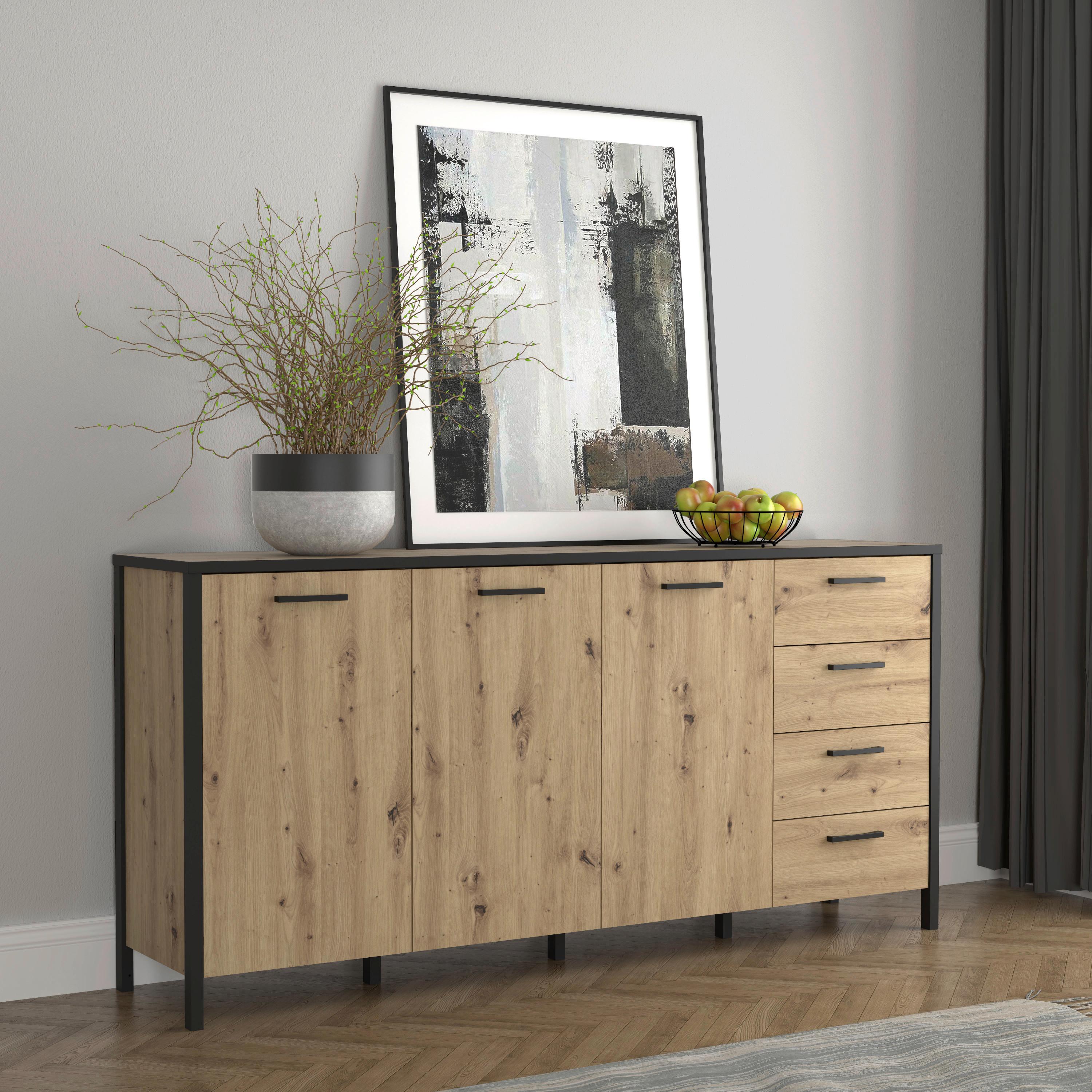Široká Komoda Kirikus - farby dubu/čierna, Moderný, kov/kompozitné drevo (185/90/40cm) - Modern Living