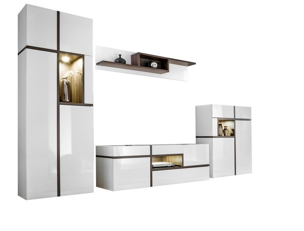Obývací stěna CROSS, vysoce lesklá bílá - bílá/barvy jilmu, Moderní, kompozitní dřevo/plast (330/195/50cm) - Premium Living