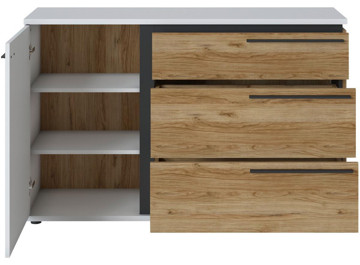 Kommode Salinas B: 132,9 cm Alpinweiß/Eichefarben/Schwarz - Eichefarben/Schwarz, Trend, Holzwerkstoff (132,9/85/40cm)