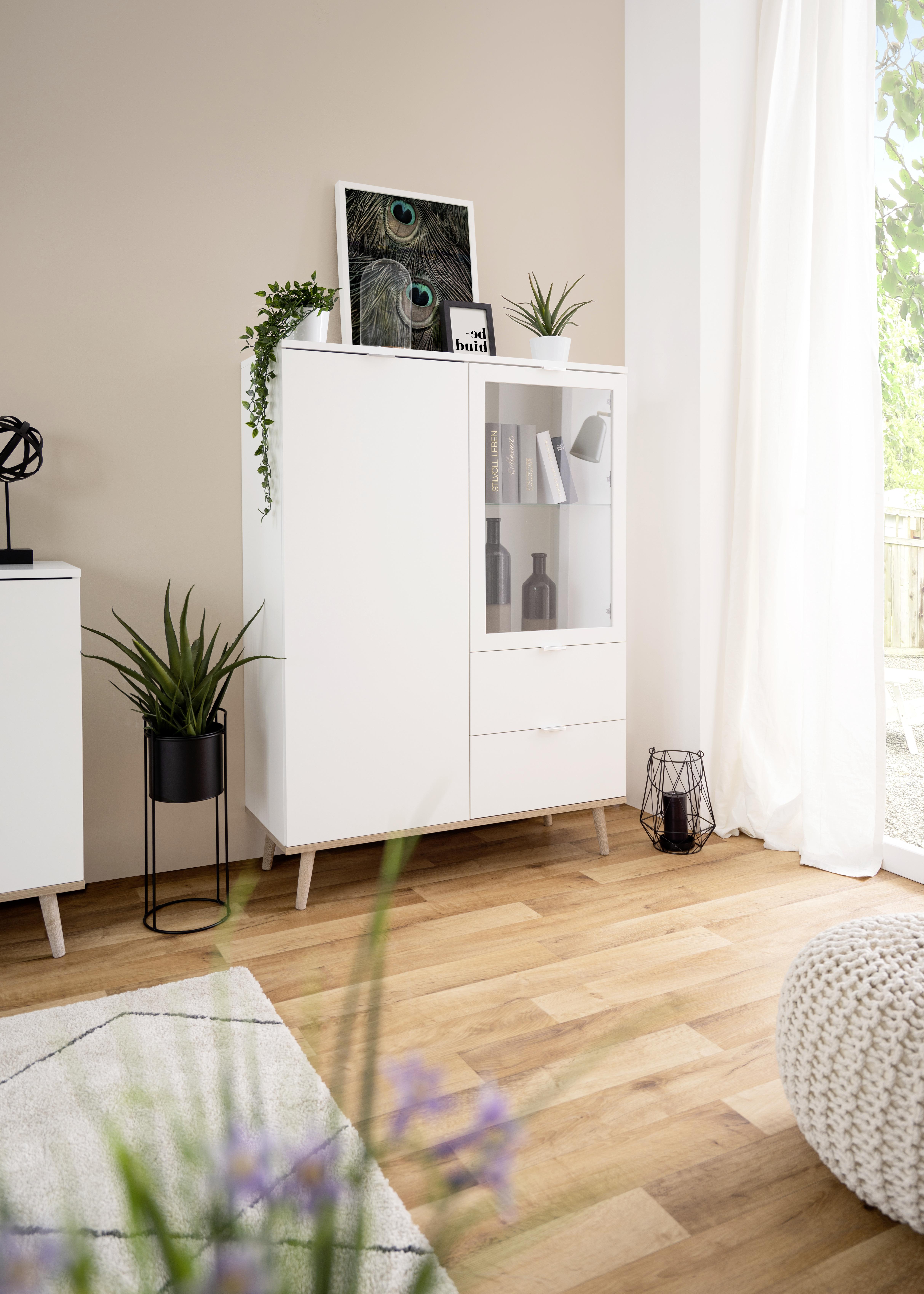 Highboard mit Glaselementen B 100cm Göteborg, Weiß - Eichefarben/Weiß, KONVENTIONELL, Glas/Holzwerkstoff (100/140/40cm) - MID.YOU