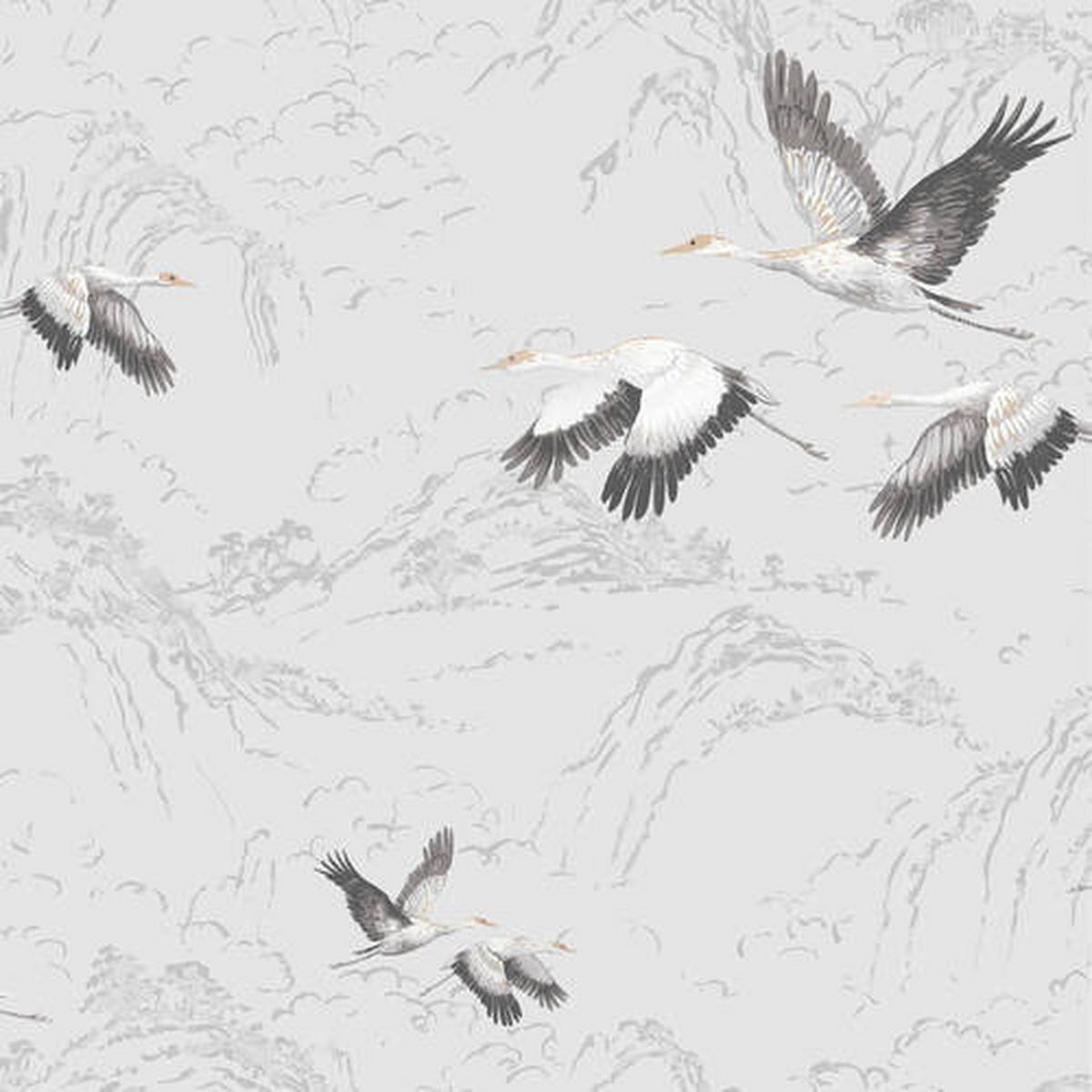 Vliestapete Vögel 52x1000 cm Silber - Silberfarben, Basics, Papier/Kunststoff (52/1000cm)