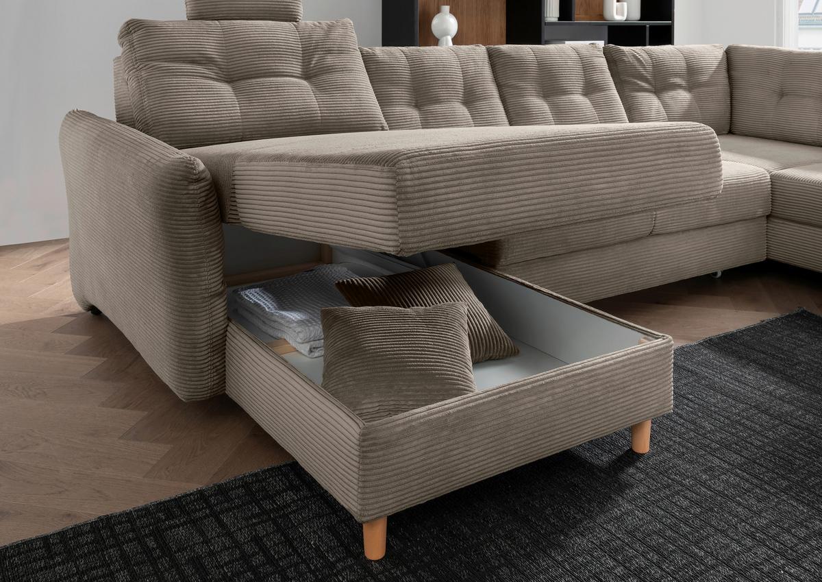 Wohnlandschaft Brizzini mit Schlaffunktion, Graubraun - Graubraun/Naturfarben, MODERN, Textil (176/338-352/206cm) - Livetastic