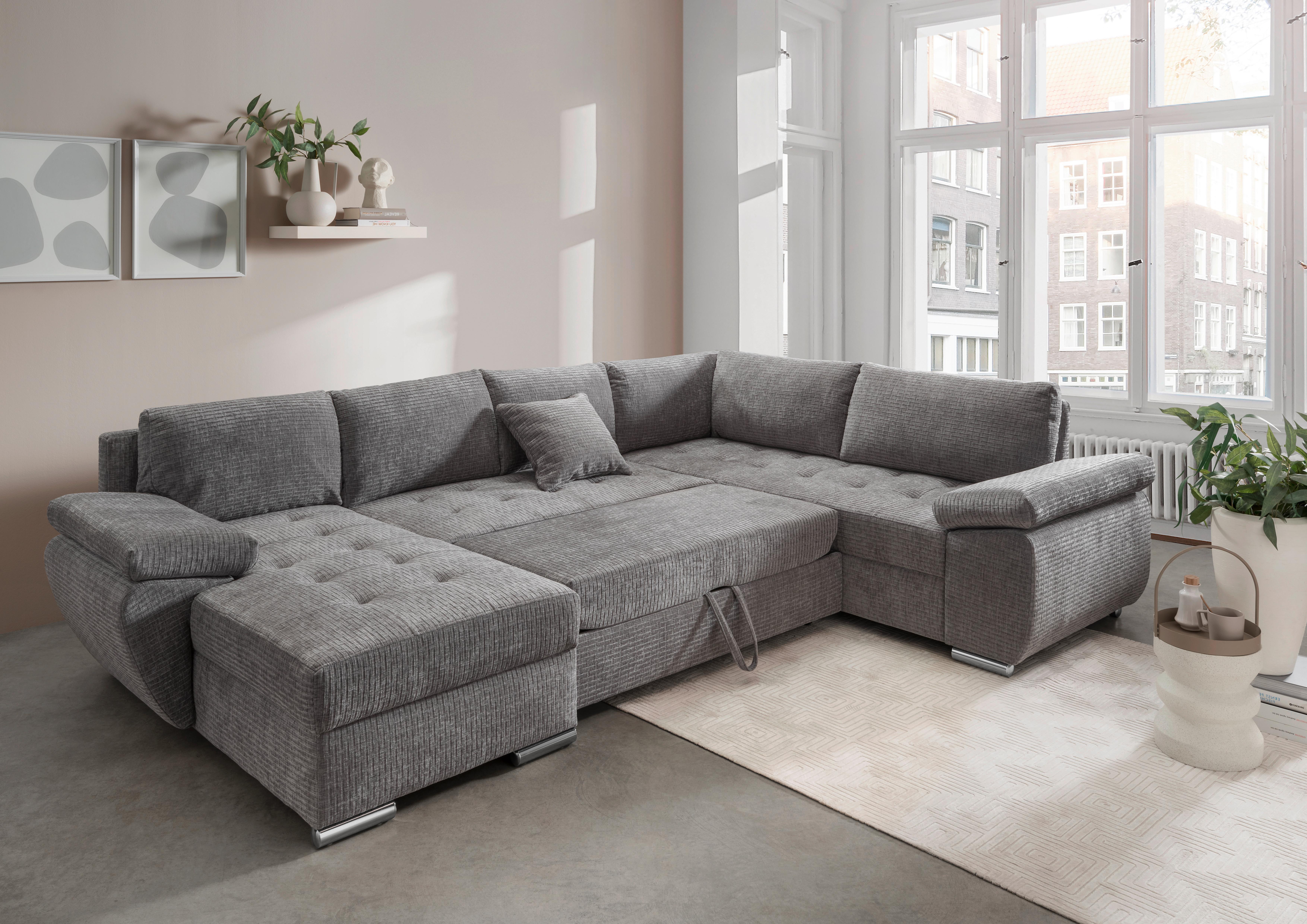 Wohnlandschaft Terana Grau mit Schlaffunktion, Mikrofaser - Chromfarben/Grau, KONVENTIONELL, Textil (157/305/219cm) - Livetastic