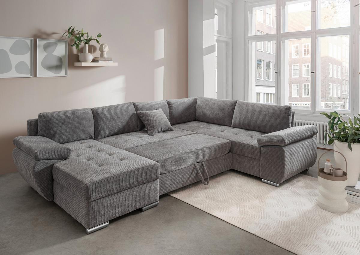 Wohnlandschaft Terana Grau mit Schlaffunktion, Mikrofaser - Chromfarben/Grau, KONVENTIONELL, Textil (157/305/219cm) - Livetastic