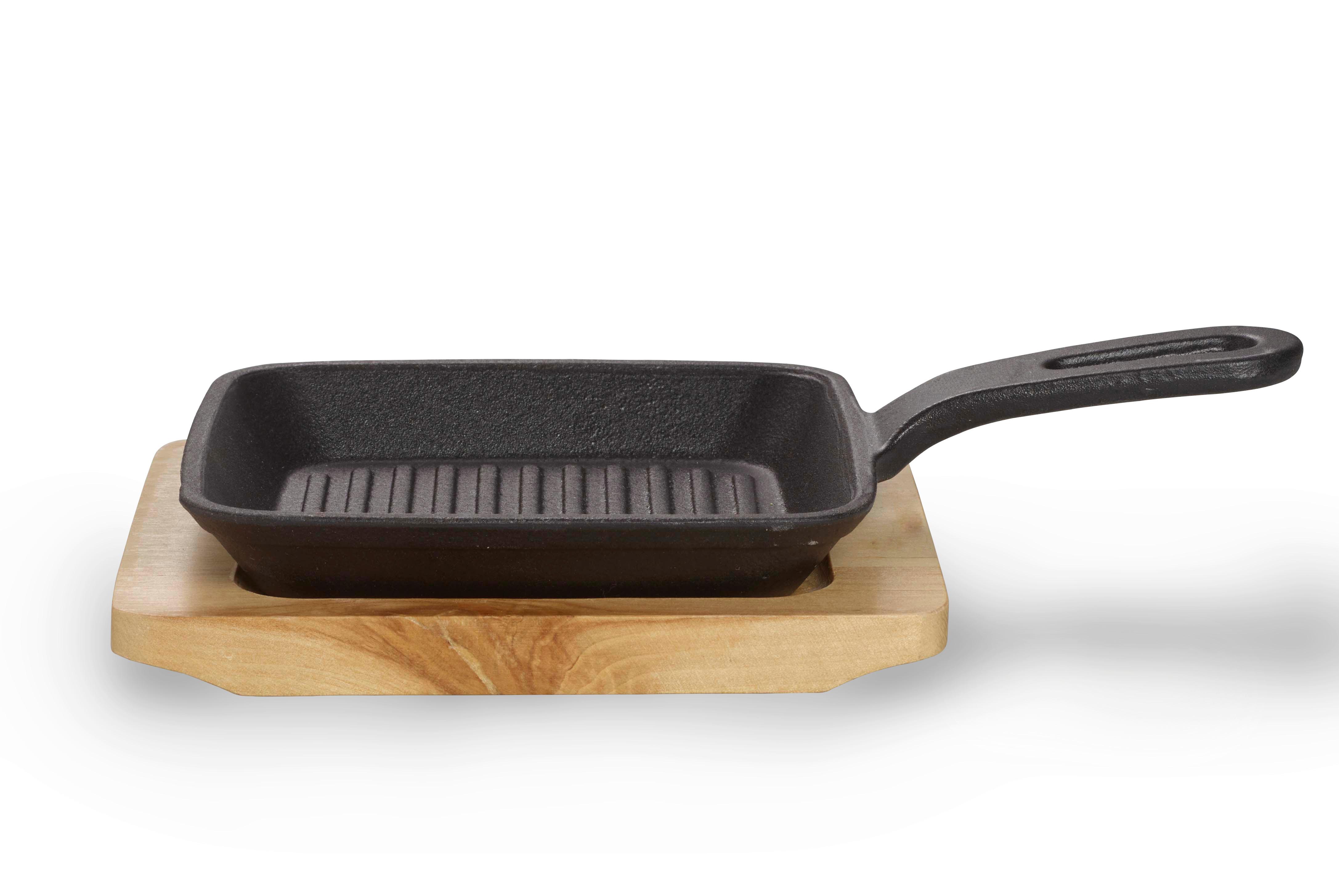 Servierpfanne Gusseisen kratzfest mit Servierbrett - Schwarz/Braun, Basics, Holz/Metall (13,5/2,5/22,5cm) - Echtwerk