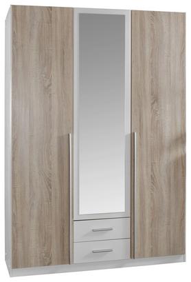 Dreitüriger Kleiderschrank in Weiß und Eiche Dekor mit Spiegel Dreitüriger Kleiderschrank in Weiß und Eiche Dekor mit Spiegel