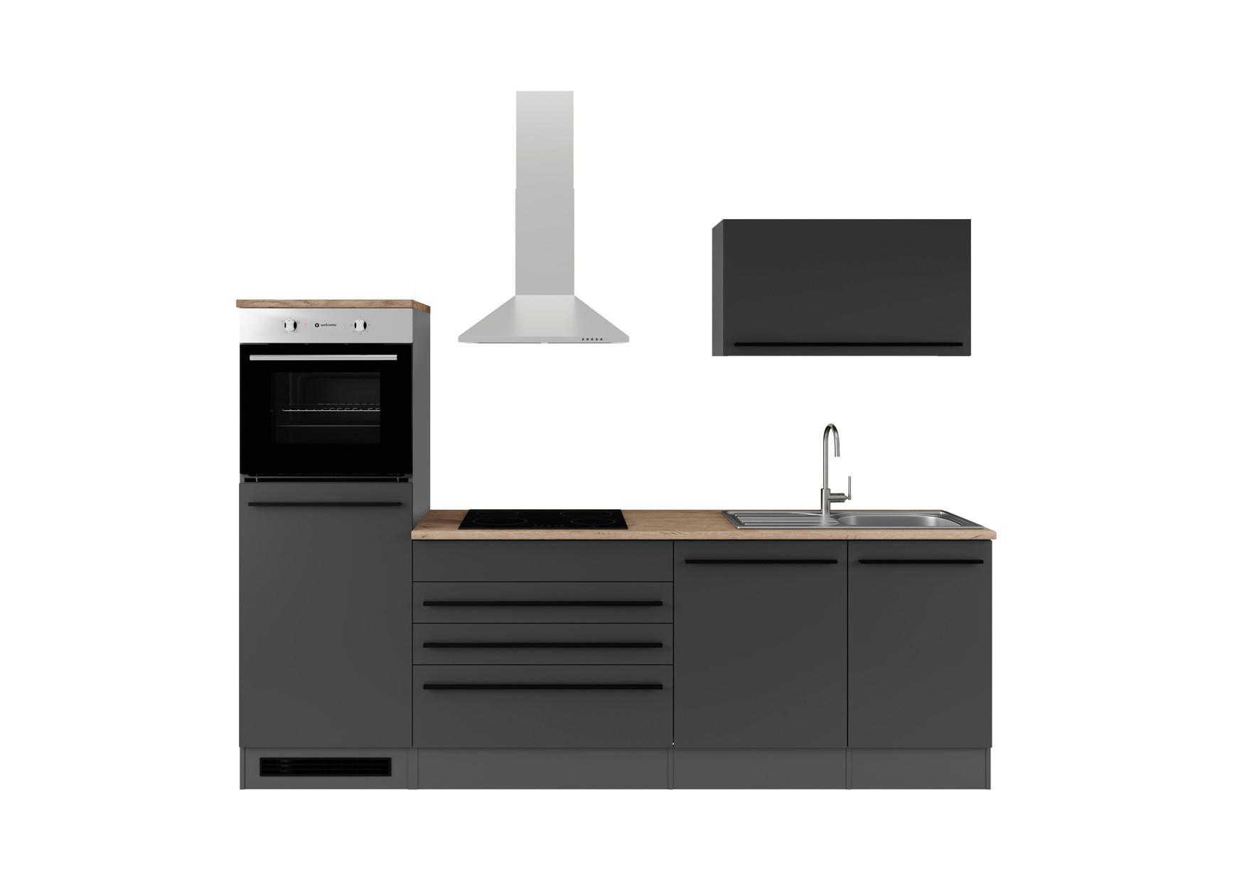 Kuchynský blok JAZZ 6 bez spotrebičov, šírka 260cm - čierna/farba duba, Modern, kompozitné drevo (260/200/60cm) - Modern Living