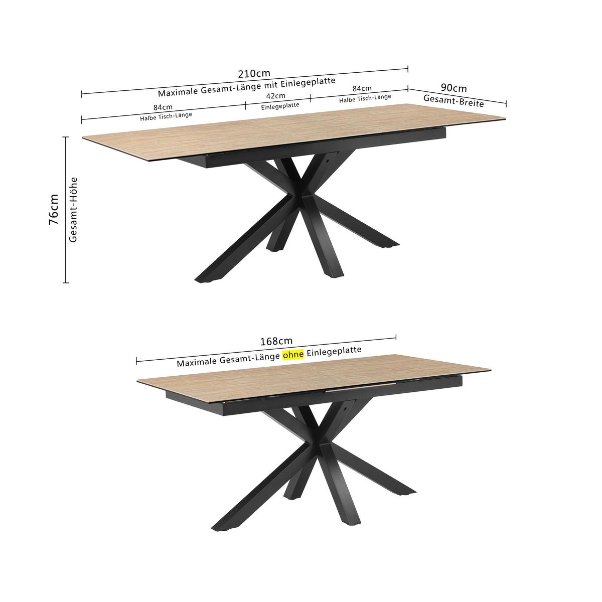 Esstisch Lotus Schwarz/Beige L: 168-210 cm - Beige/Schwarz, MODERN, Glas/Keramik (168-210/90/76cm) - MID.YOU