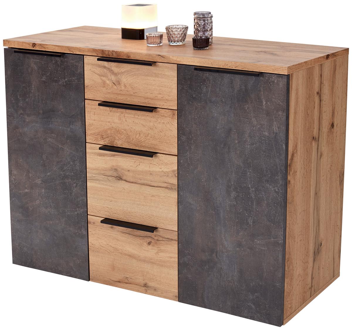 Kommode B 120cm Kai 2, Wotan Eiche Dekor/Beton Optik - Eichefarben/Alufarben, MODERN, Holzwerkstoff (120/80/39cm)