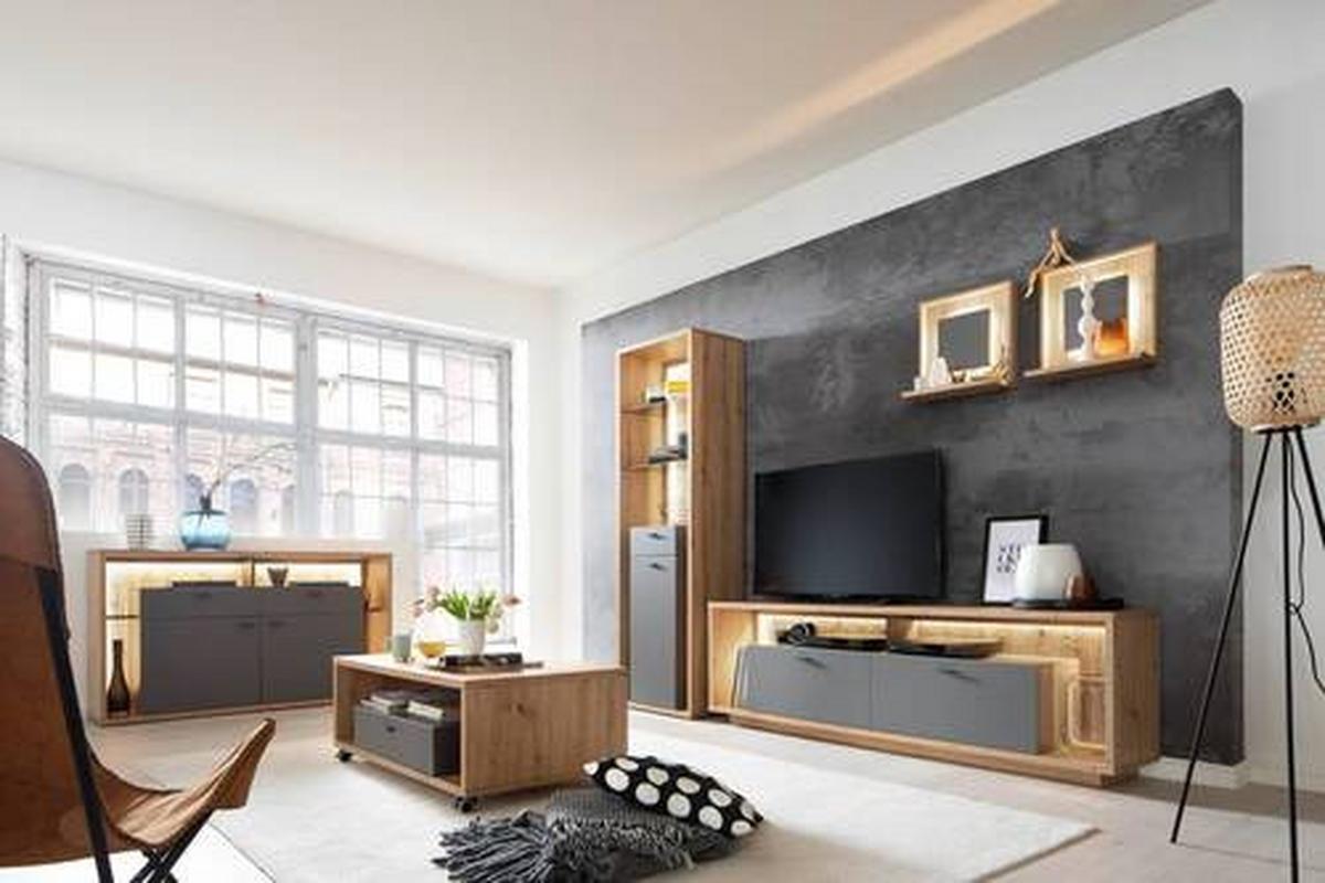 Wohnkombination 4-Tlg. Lizzano Grau/Eichefarben - Eichefarben/Grau, Design, Glas/Holzwerkstoff (286/209/40cm) - MID.YOU