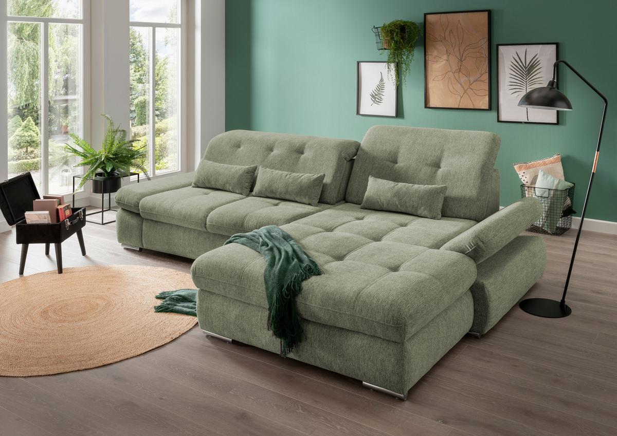 Ecksofa Mit Schlaffunktion Dalida Grün Chenille - Chromfarben/Grün, Design, Textil (300/196cm) - Livetastic