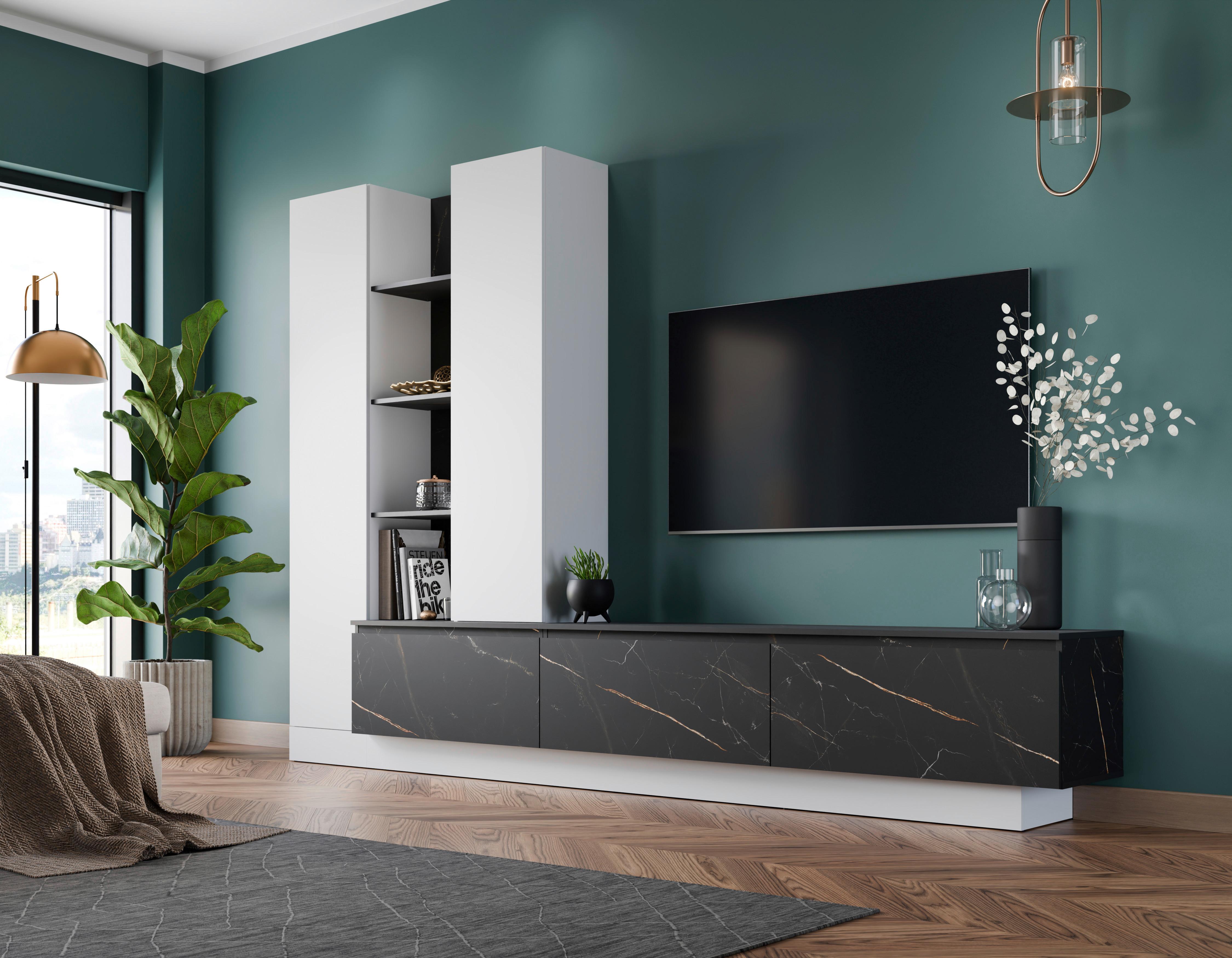 Wohnwand Modesto B: 295 Cm Weiss/schwarz Marmoroptik