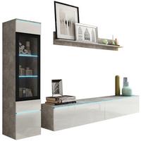 Wohnkombination 3--teilig. mit LED Vera Weiß/Betonoptik - Weiß Hochglanz/Grau, LIFESTYLE, Glas/Holzwerkstoff (210/130/33cm) - P & B