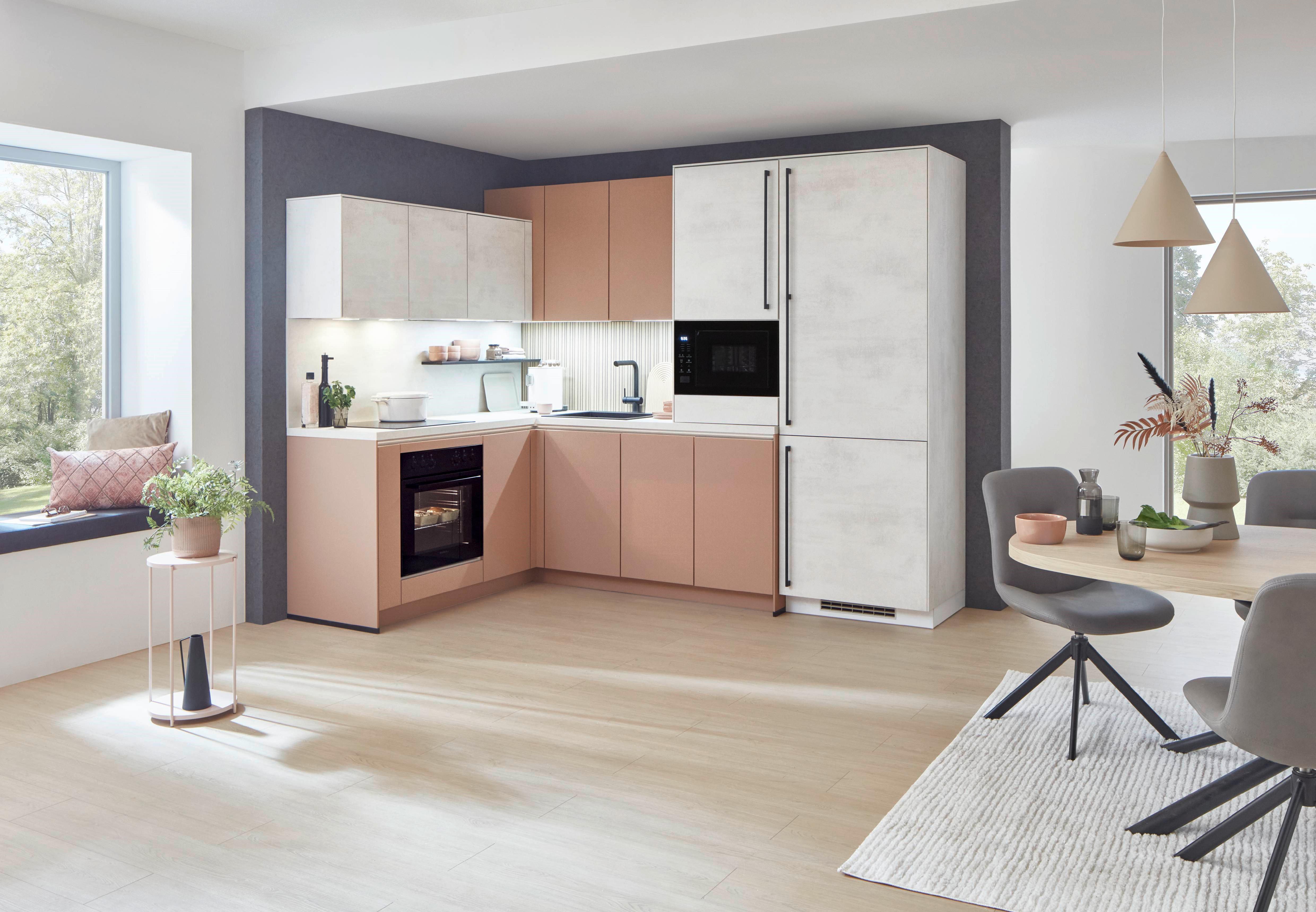 Eckküche Sidney/Riga - Sandfarben/Koralle, Basics, Holzwerkstoff (185/288cm) - Vertico