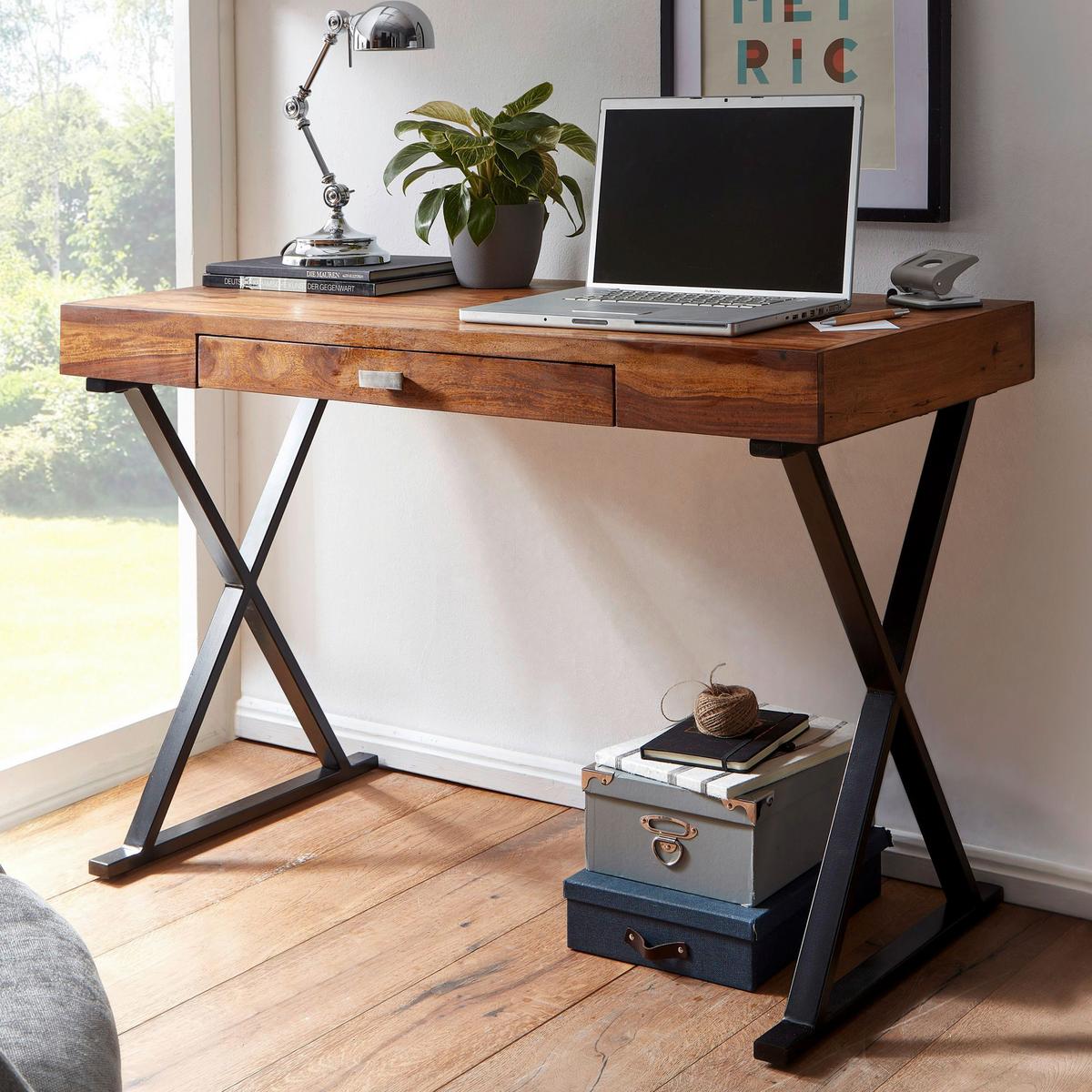 Trendový psací stůl z masivu š: 120cm - černá/barvy stříbra, Moderní, kov/dřevo (120/55/78cm) - MID.YOU