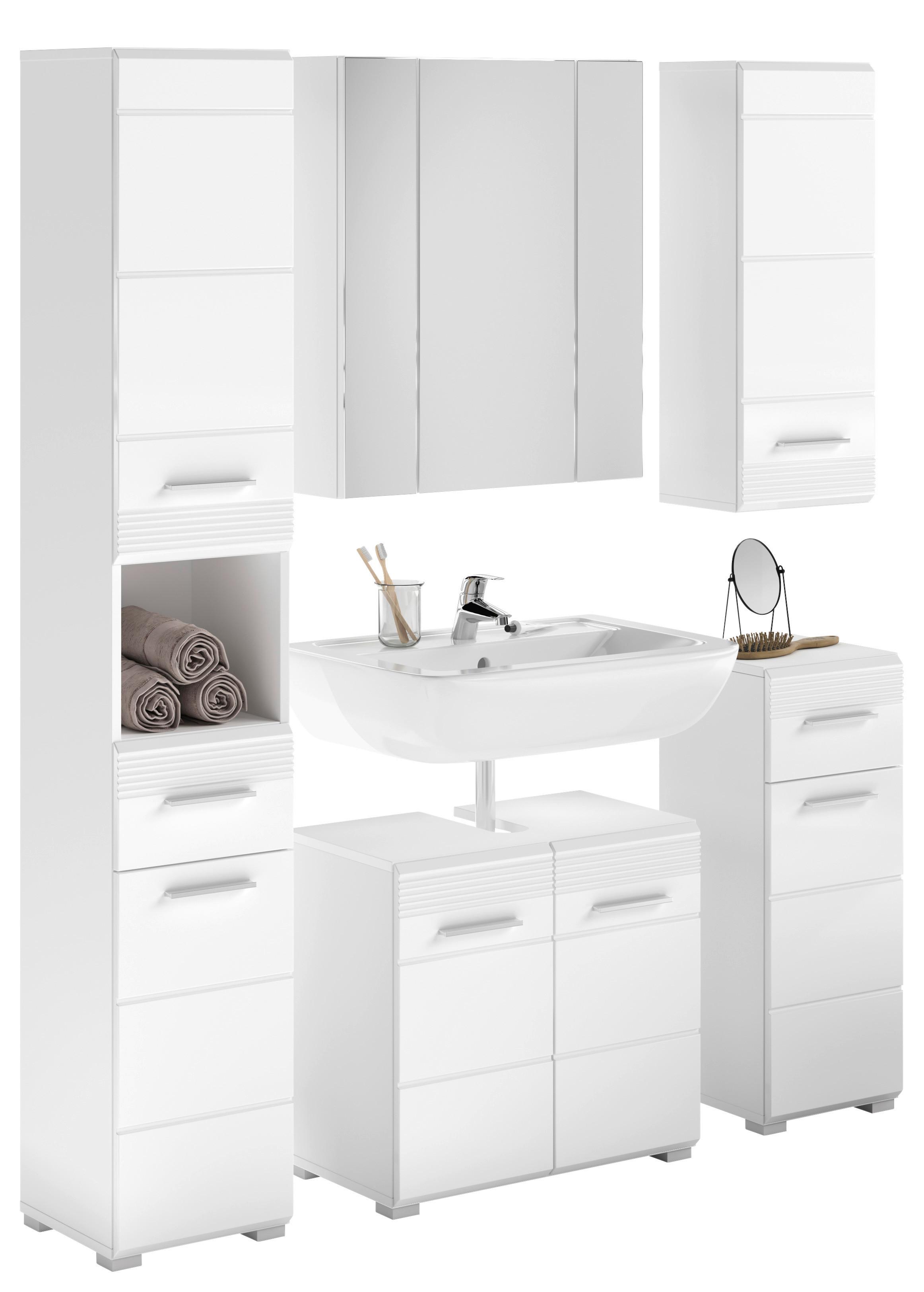 Badezimmer Linus Weiß Hochglanz B: 120 cm - Weiß Hochglanz/Silberfarben, MODERN, Glas/Holzwerkstoff (120cm) - MID.YOU