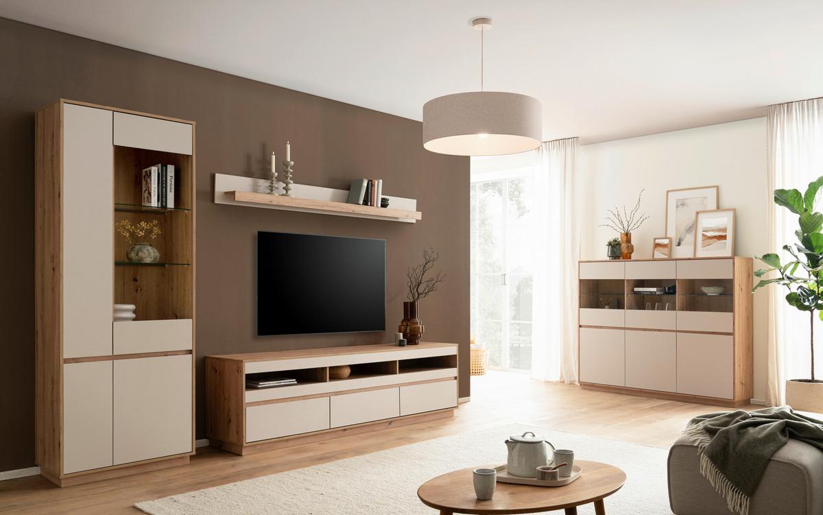 Wohnwand Sonora Eiche Artisan B: 292cm - Kaschmir/Eiche Artisan, Design, Glas/Holzwerkstoff (292/205/40cm) - MID.YOU