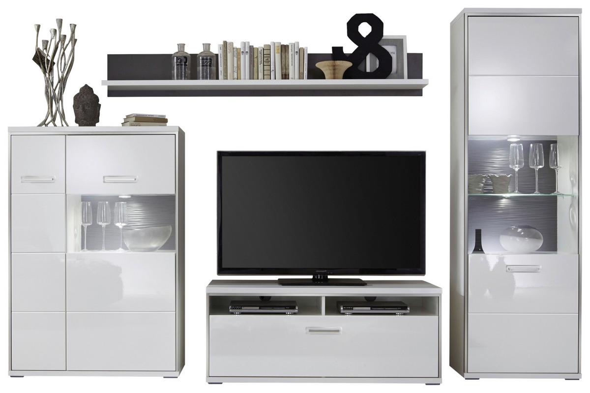 Wohnkombination 4-Tlg. Trento Grau/Silbern/Weiß - Weiß Hochglanz/Silberfarben, Design, Glas/Holzwerkstoff (301/201/52cm) - Livetastic