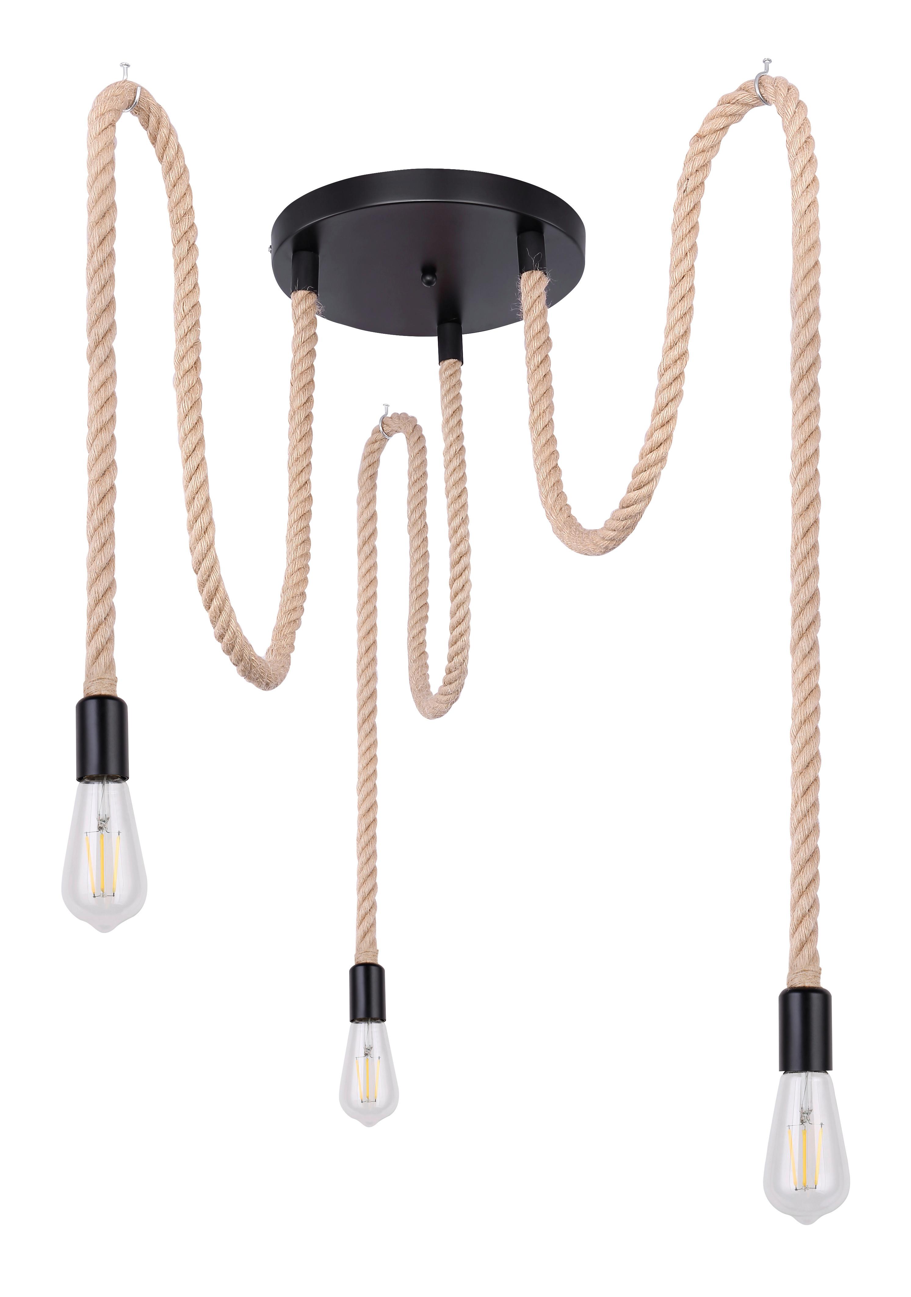 Hängeleuchte Ulleu H: 150 cm 3-Flammig mit Hanfseil - Schwarz/Braun, Trend, Naturmaterialien/Metall (30/150cm) - Globo
