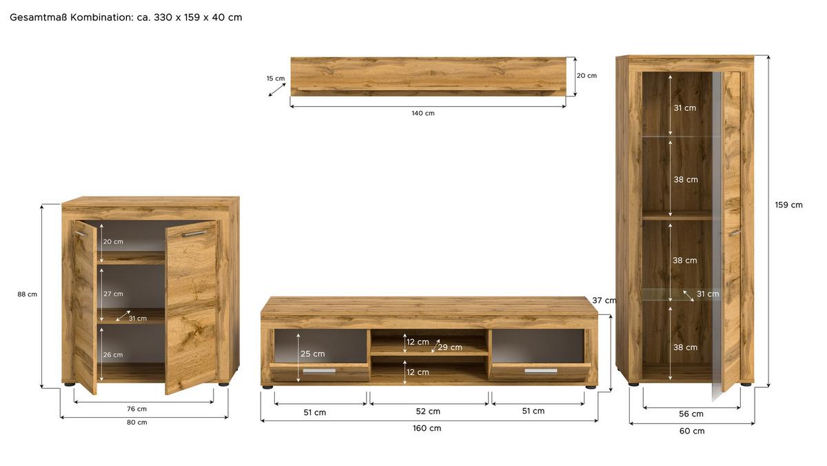 Wohnwand Jam Eiche Dekor 4-Teilig B: Ca. 330 Cm - Eiche Wotan/Schwarz, Design, Glas/Holzwerkstoff (330/159/35cm) - MID.YOU