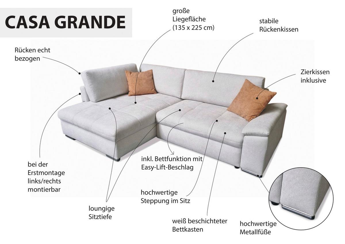 Ecksofa Casa Grande, Weiß Schenkel: 178x268 cm - Silberfarben/Orange, Design, Textil (178/268cm) - Livetastic