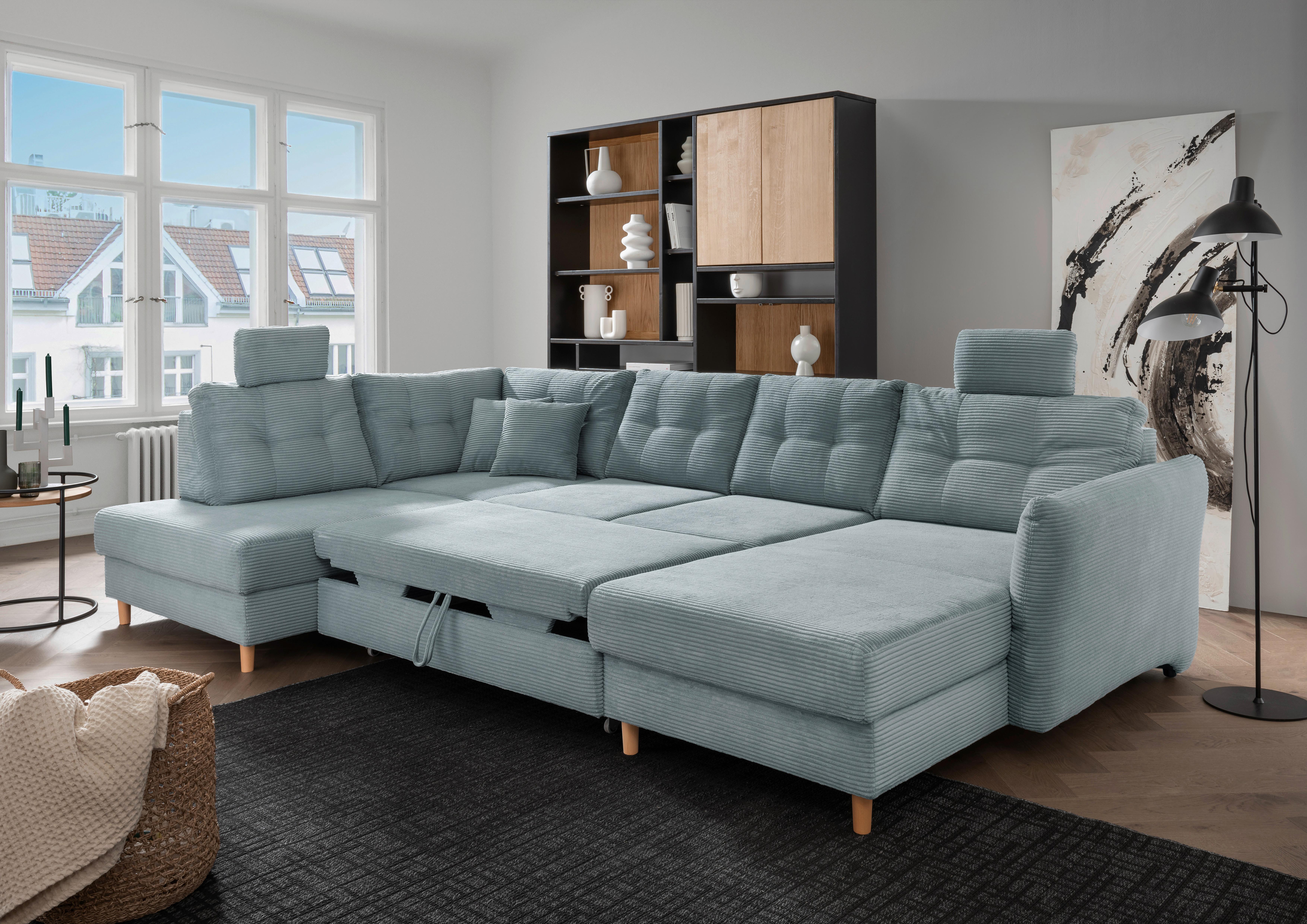 Wohnlandschaft mit Schlaffunktion, Hellblau - Naturfarben/Hellblau, MODERN, Textil (206/338-352/176cm) - Livetastic