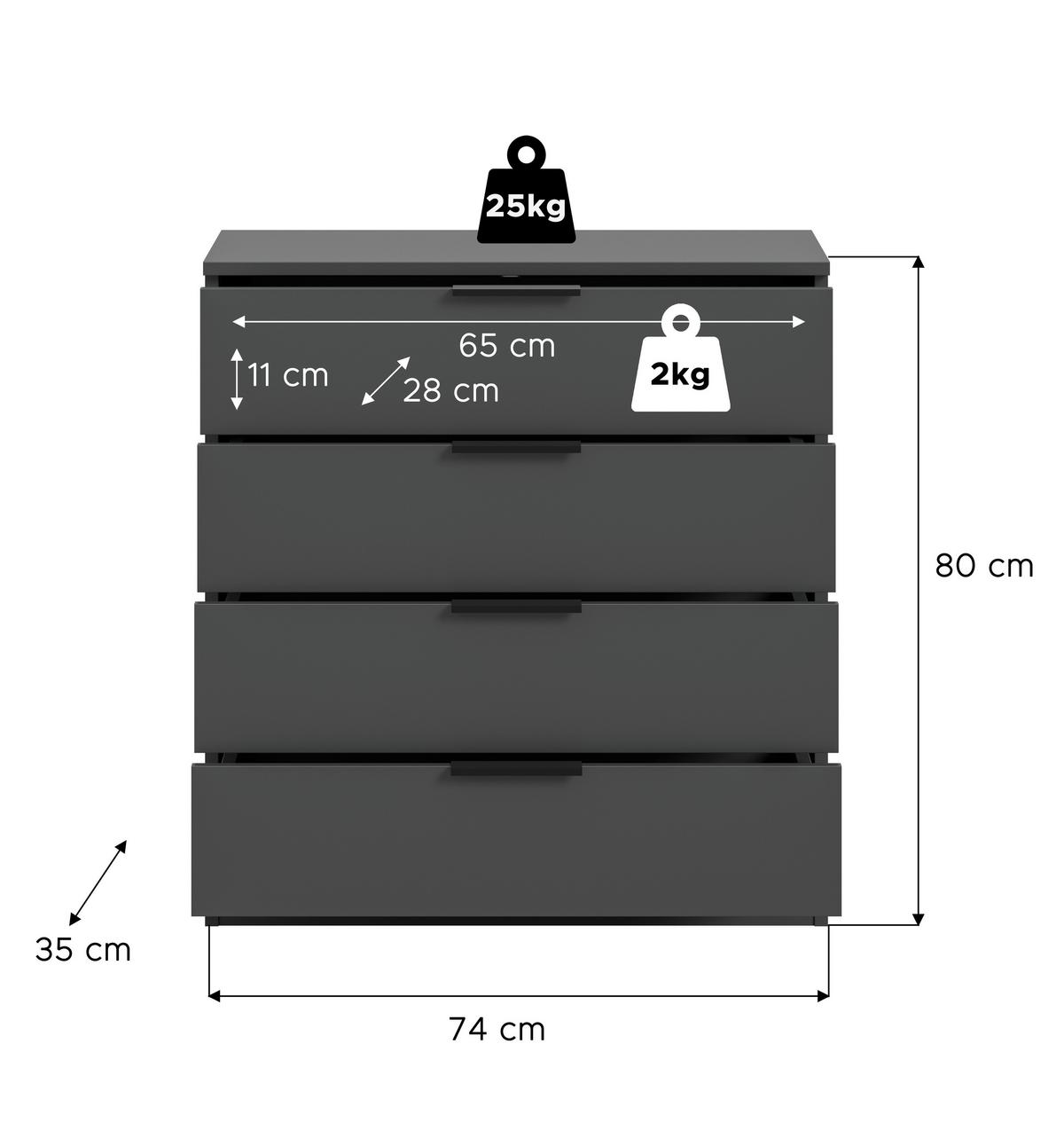 Kommode Kopenhagen Anthrazit, B: 74 Cm - Anthrazit/Schwarz, Design, Holzwerkstoff (74/80/35cm) - Livetastic
