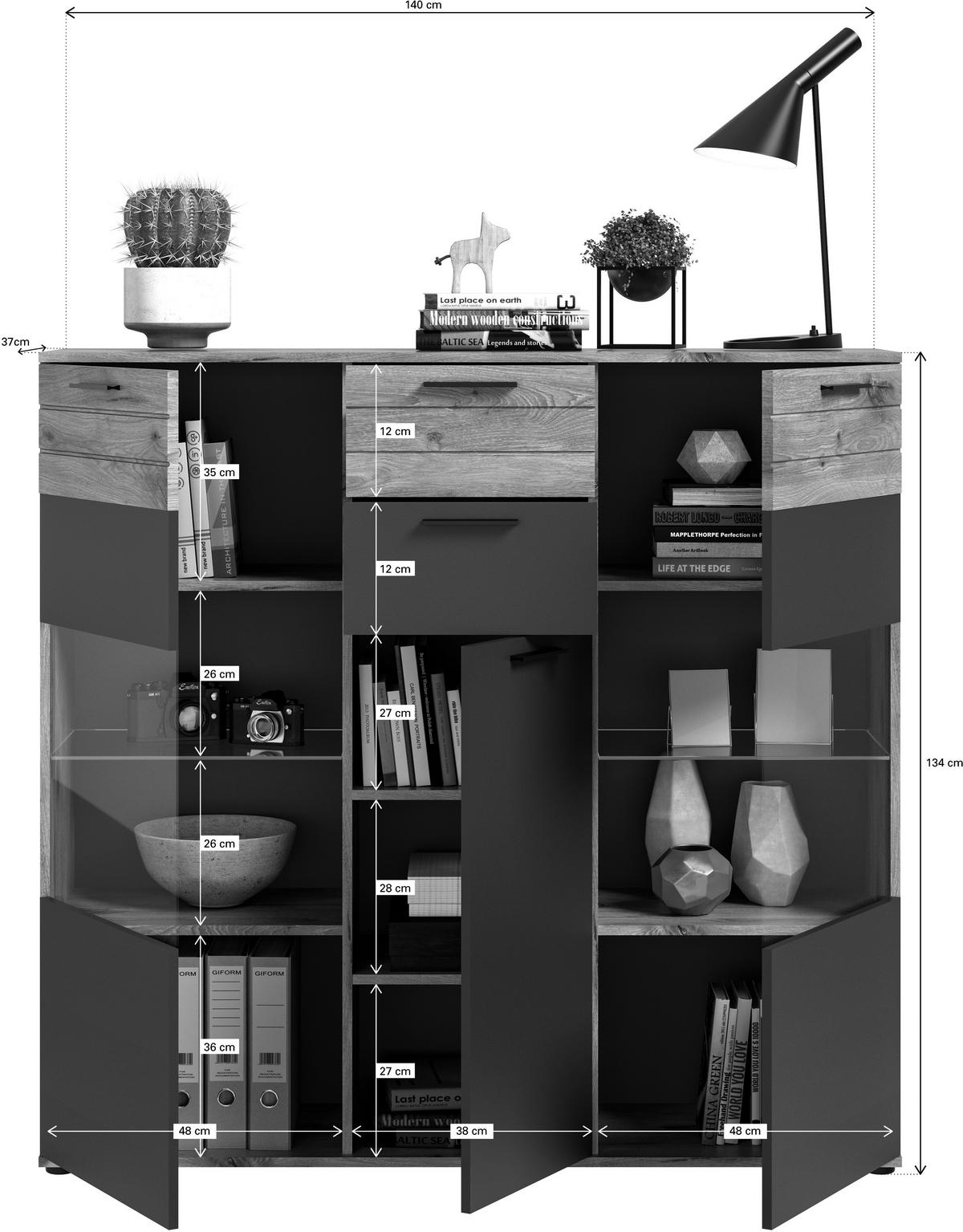 Highboard Mason Grau B: 140 cm - Schwarz/Grau, KONVENTIONELL, Glas/Holzwerkstoff (140/134/37cm) - MID.YOU