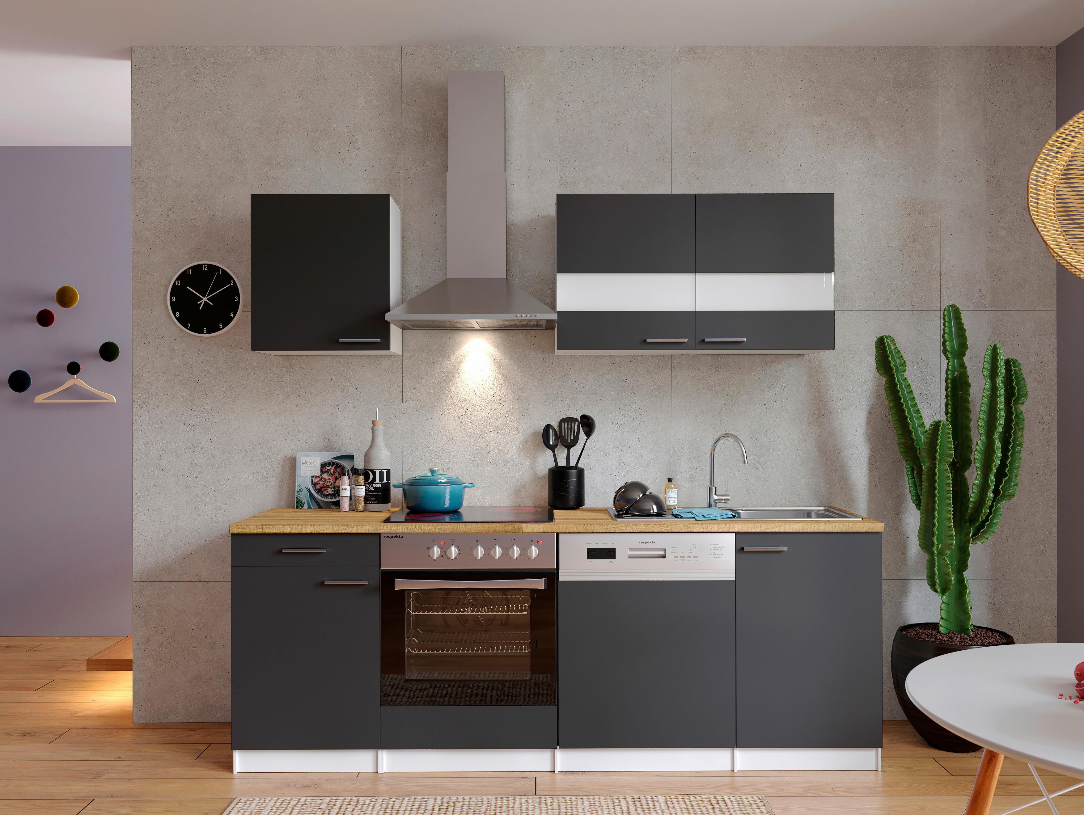 Küchenzeile Economy mit Geräten 220 cm Grau/Nussbaum Dekor - Nussbaumfarben/Weiß, Basics, Holzwerkstoff (220cm) - Respekta