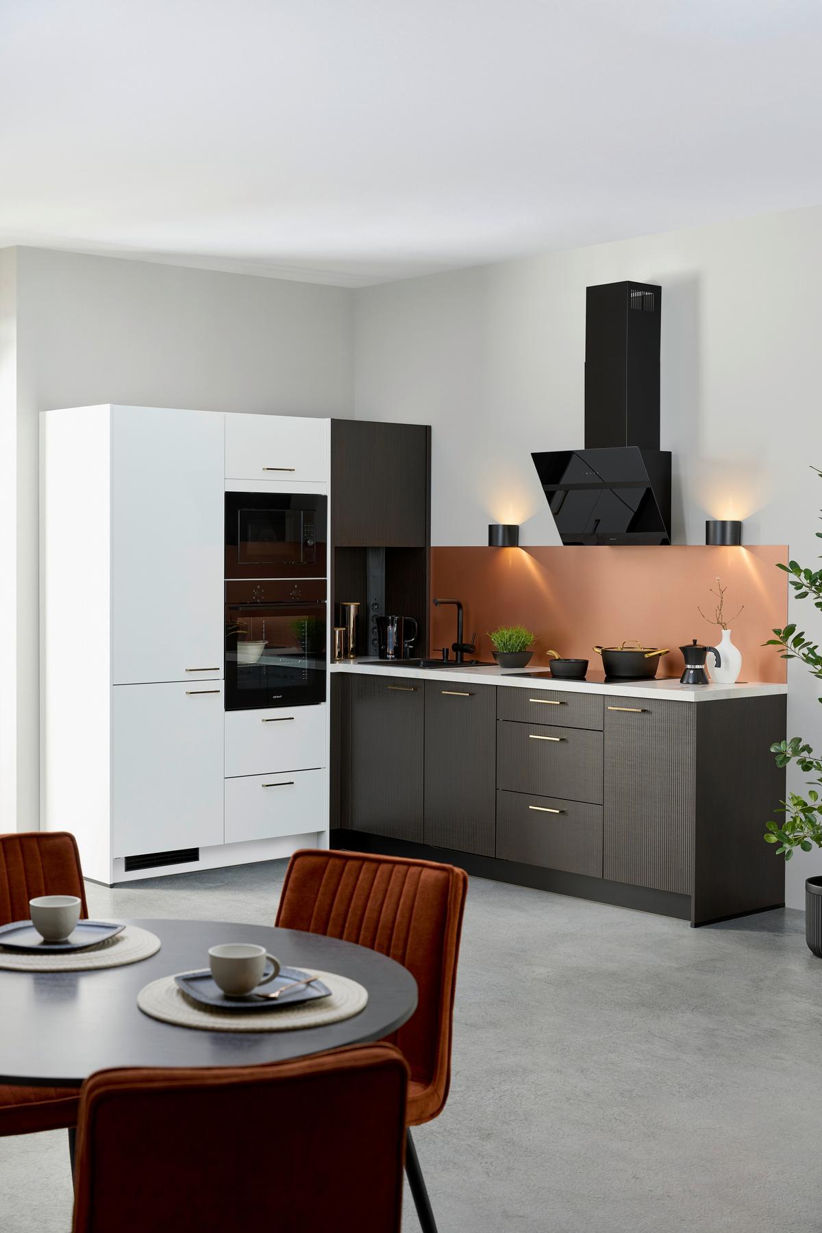 Eckküche Star/stripe - Weiß Hochglanz/Dunkelbraun, Design, Holzwerkstoff (188,3/266,6cm) - Express-Kuechen