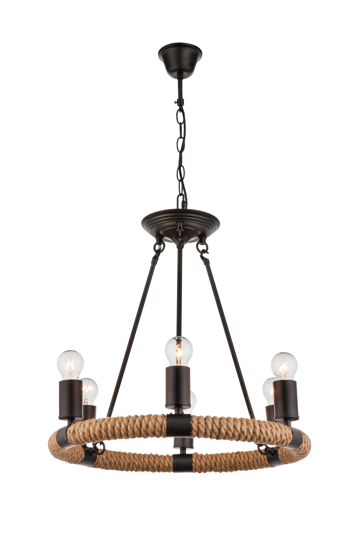 Hängeleuchte H: 126 Cm 6-Flammig Kranzform - Schwarz, Natur, Naturmaterialien/Metall (49,5/126cm) - Globo