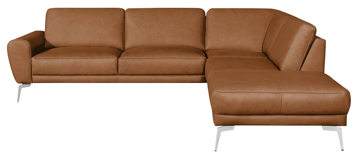Ecksofa Spring Cognac Chrom, S: 273x250 cm - Chromfarben/Cognac, Design, Leder (273/250cm) - Livetastic