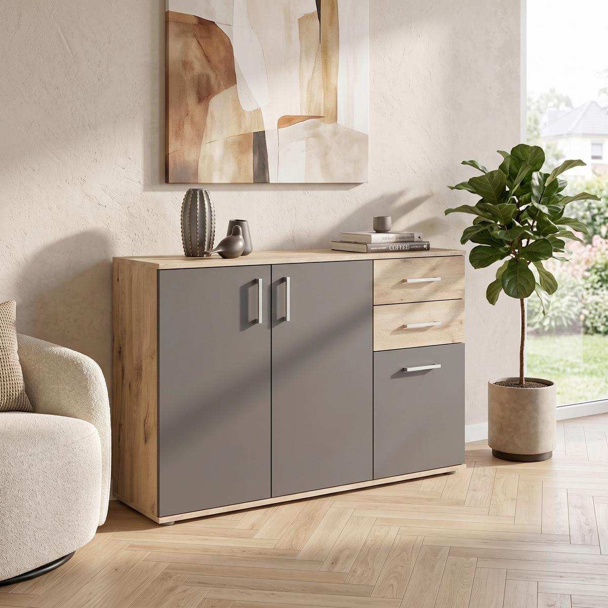 Komód Bc 1040 120/84 Cm - tölgyfa színű/szürke, Design, faalapú anyag (120/84/35cm) - MID.YOU