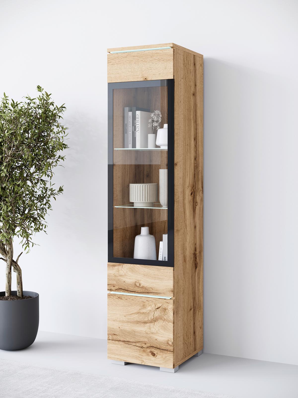 Vitrine Vera Eiche Wotan Dekor B: 30cm - Eiche Wotan/Grau, Design, Glas/Holzwerkstoff (30/130/33cm) - Livetastic