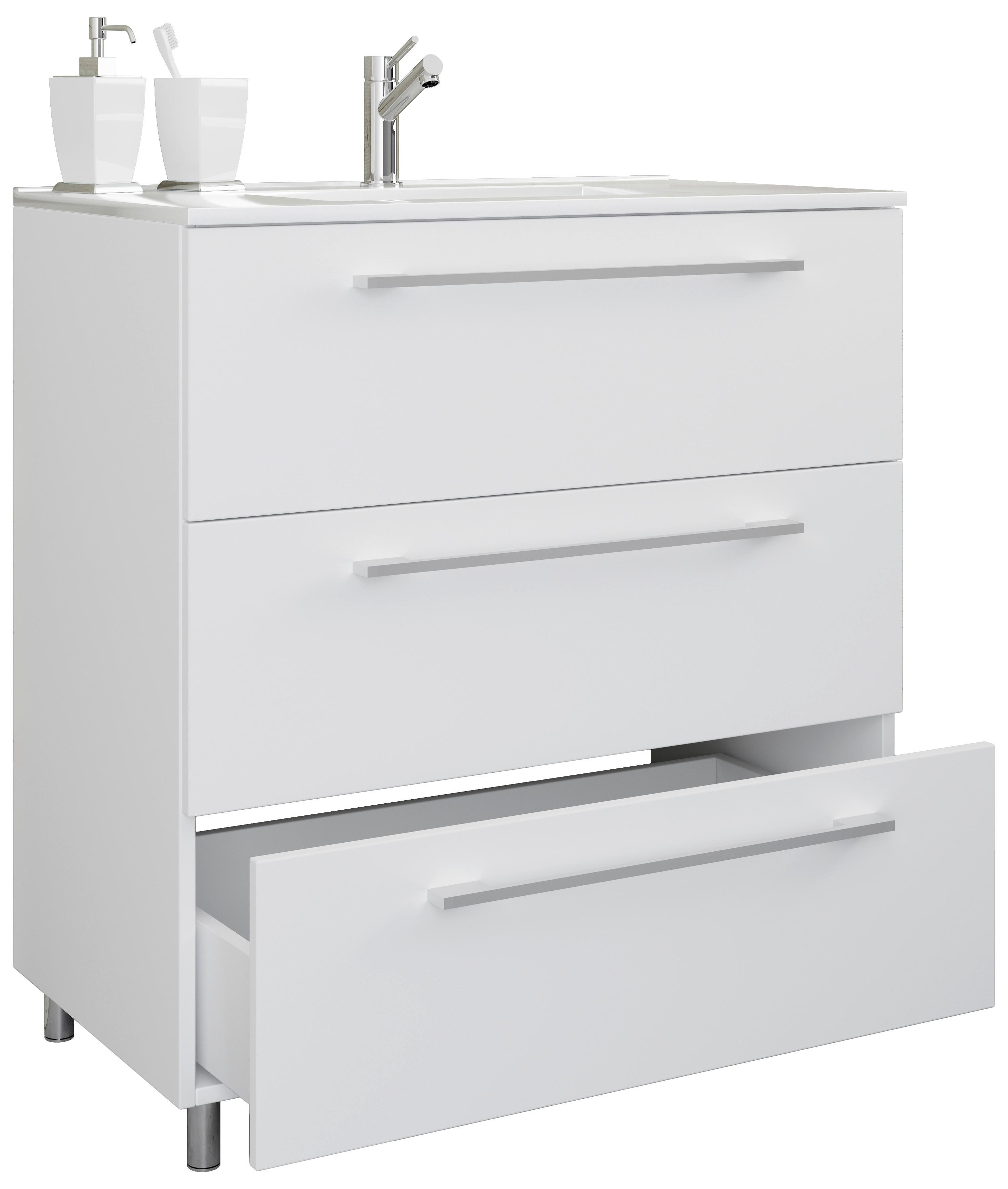 Waschbecken mit Unterschrank Schubo B: 80 cm Weiß - Alufarben/Weiß, MODERN, Keramik/Holzwerkstoff (80cm) - MID.YOU