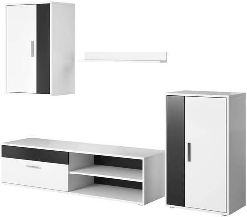 Wohnwand Modern 4 -Teilig. Berno, Weiß/Schwarz - Alufarben/Schwarz, Basics, Holzwerkstoff (190/150/40cm) - P & B