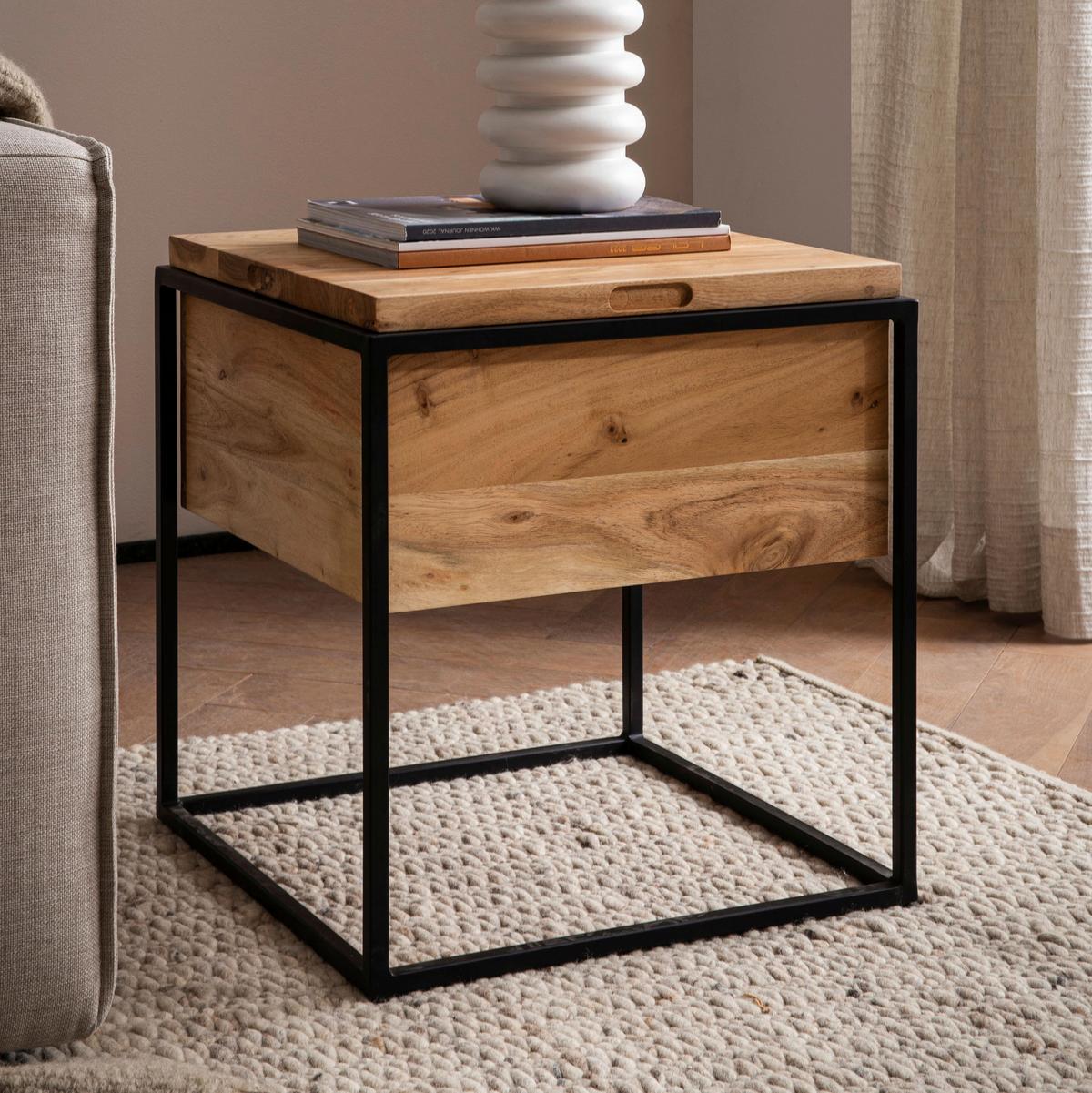 Beistelltisch Akaziefarben L: 47 cm - Schwarz/Akaziefarben, Design, Holz/Metall (47/47/51,5cm) - Livetastic