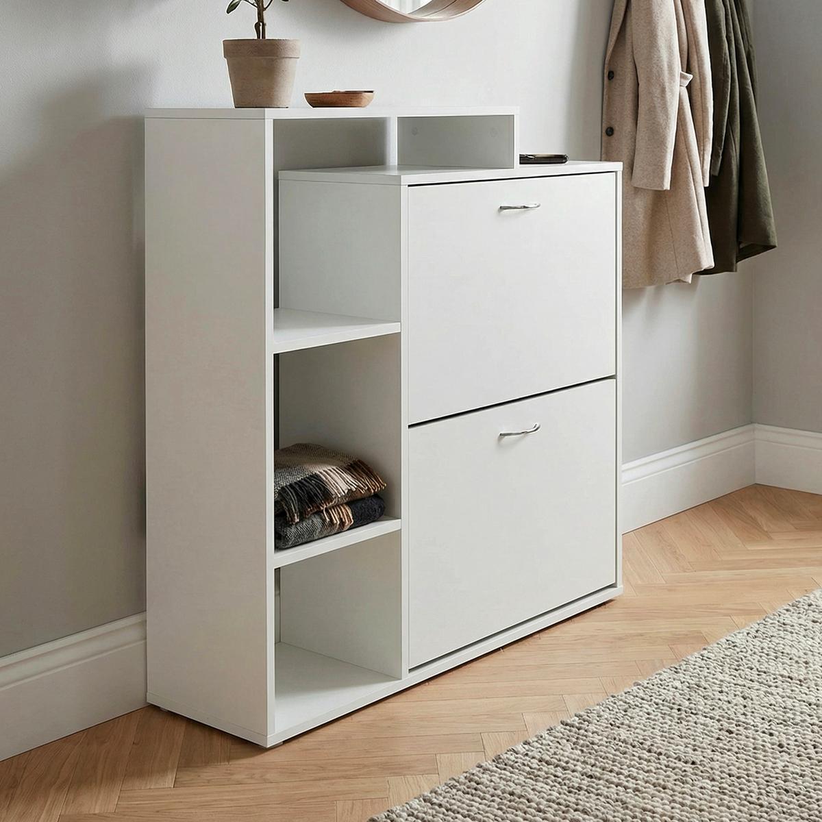 Výklopná skrinka na topánky - biela/strieborná, Design, kov/kompozitné drevo (85/93/24cm) - Livetastic