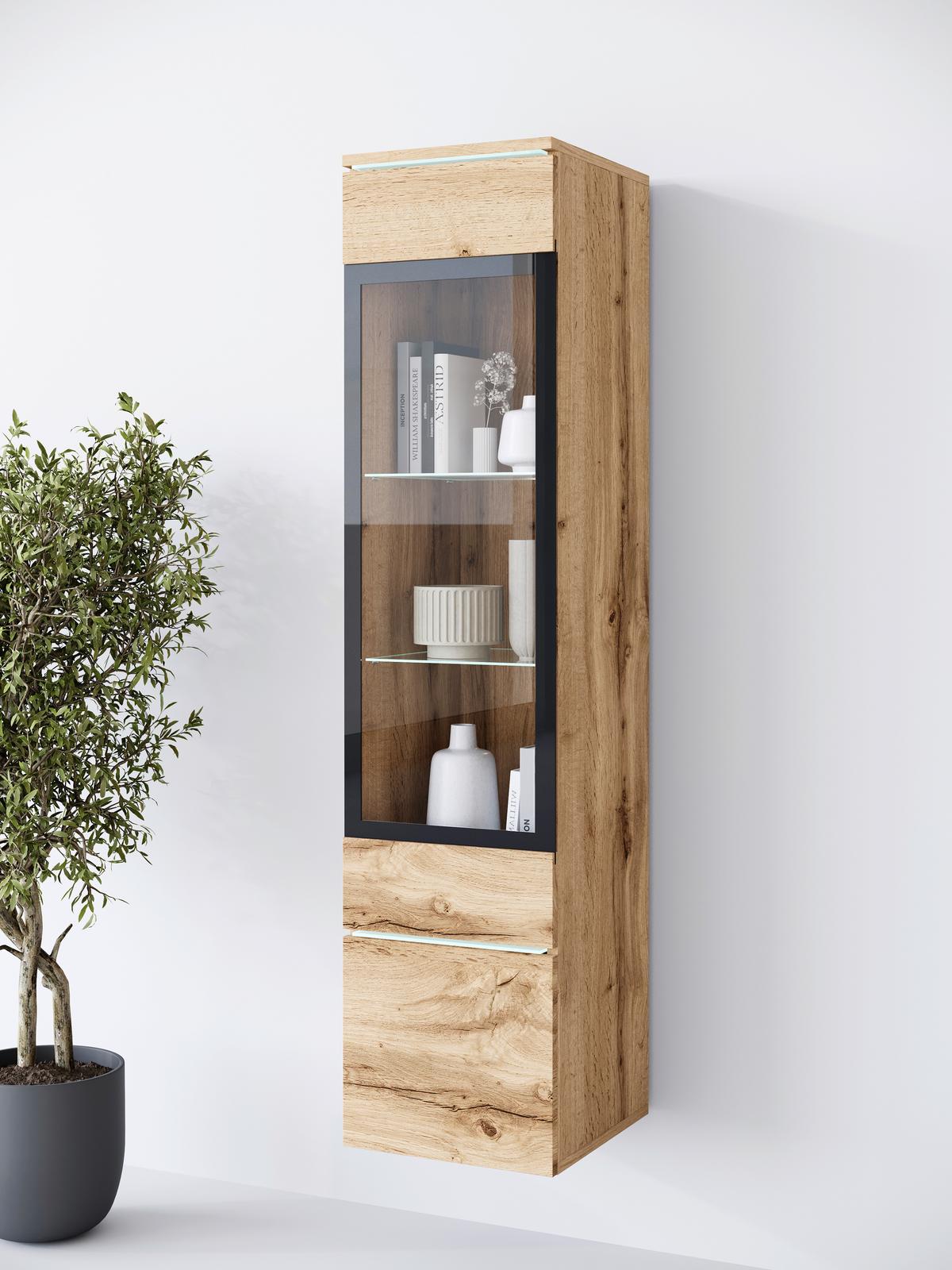 Vitrine Vera Eiche Wotan Dekor B: 30cm - Eiche Wotan/Grau, Design, Glas/Holzwerkstoff (30/130/33cm) - Livetastic