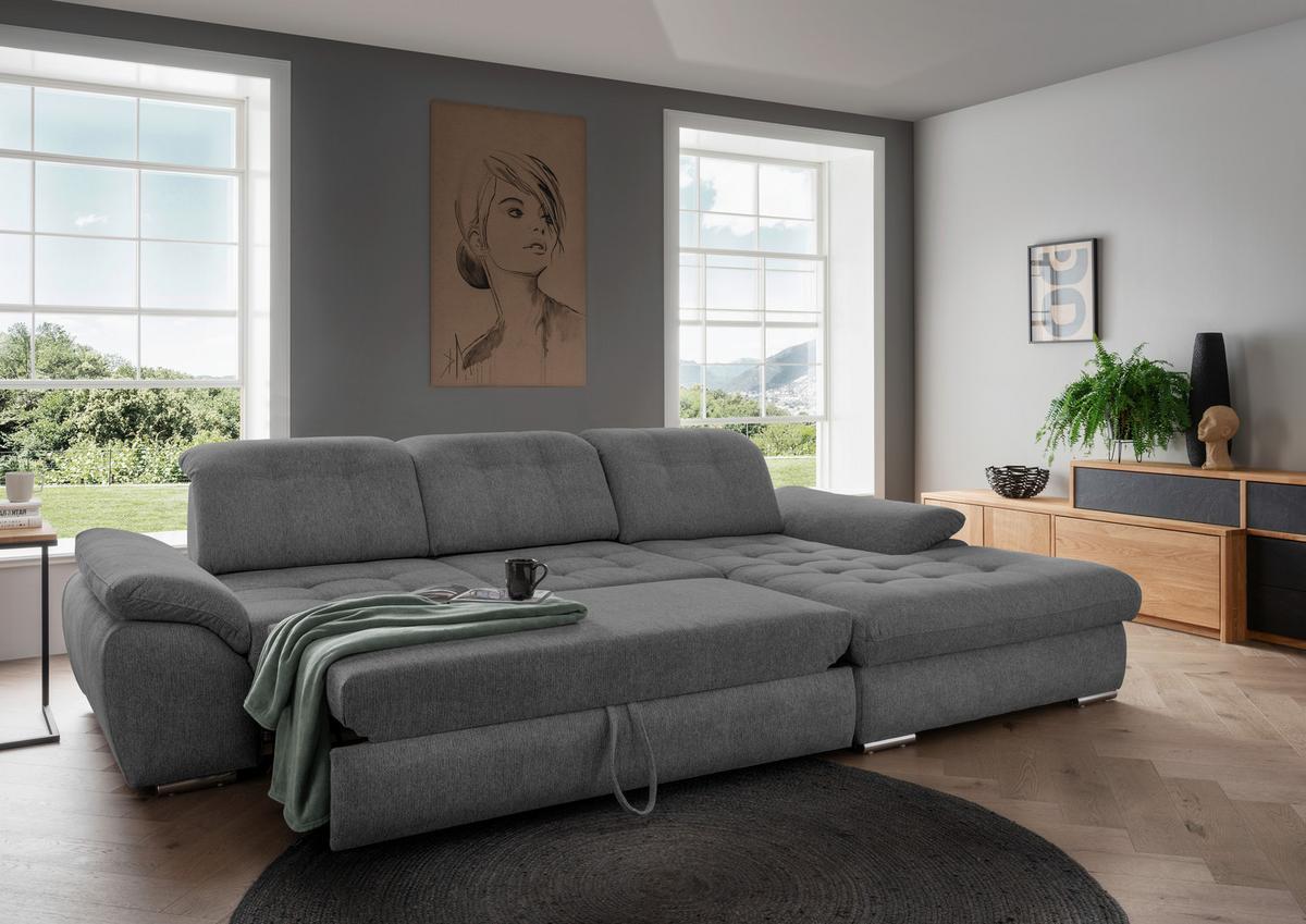Ecksofa mit Bettkasten Rigatti Graubrau 314x184 cm - Chromfarben/Graubraun, MODERN, Textil (314/184cm) - Livetastic