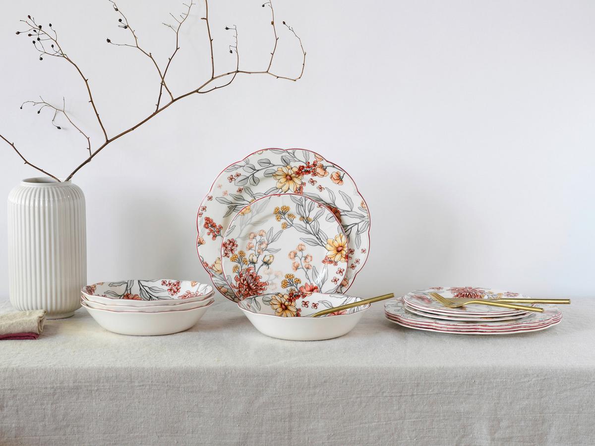 Tafelservice Fiore 12--Teilig., Weiß, Bordeaux - Bordeaux/Weiß, Basics, Keramik - Creatable