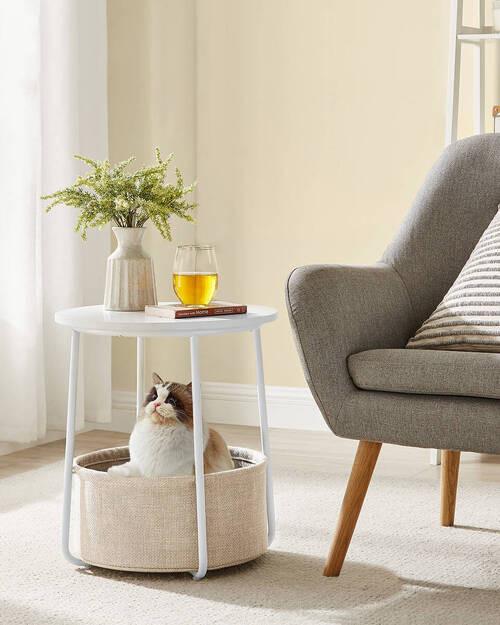 Beistelltisch mit Korb Weiß, Beige - Beige/Weiß, Design, Holz/Textil (45/45/51cm) - Boxxx