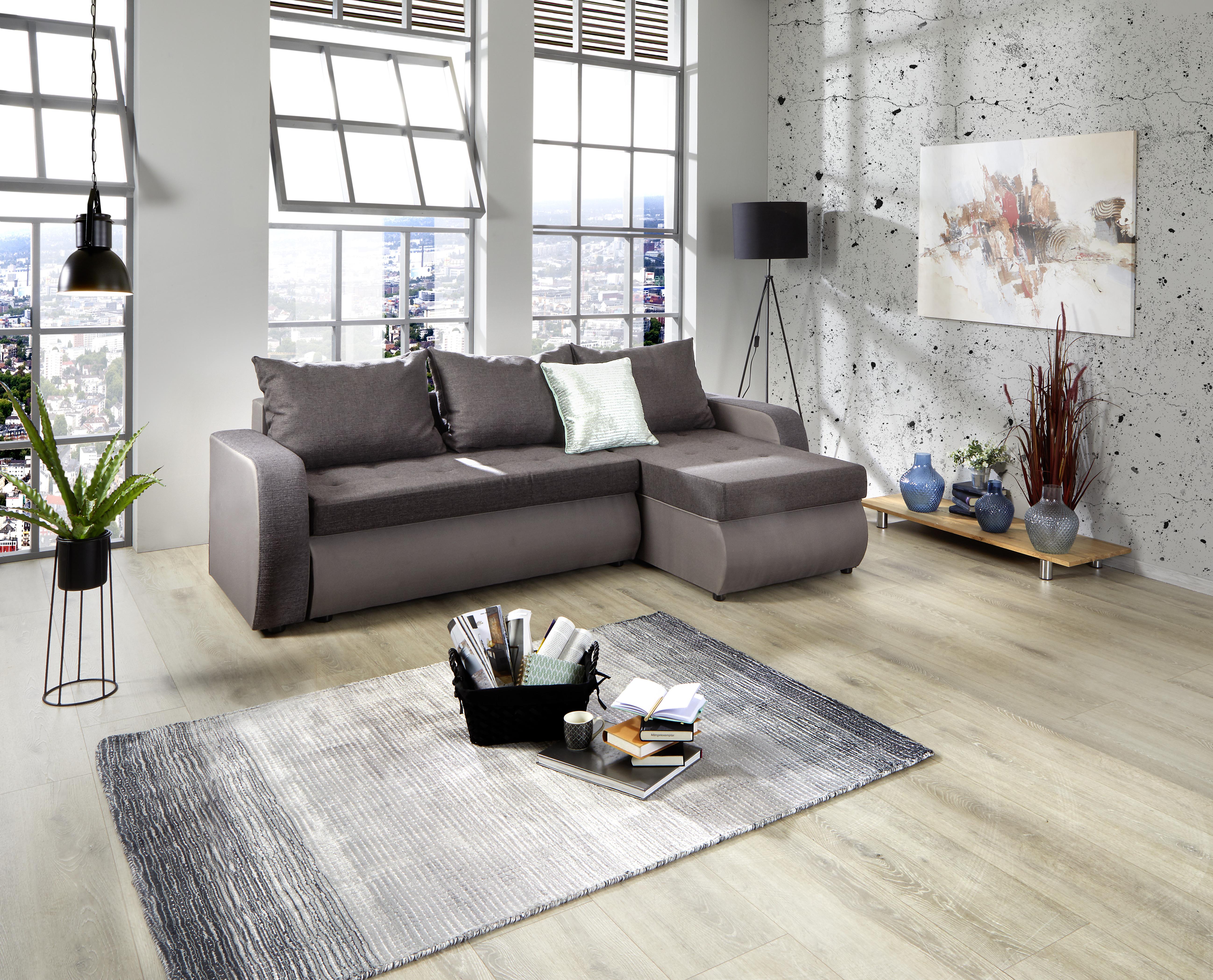 Ecksofa mit Schlaffunktion + Bettkasten Paula, Webstoff - Schwarz/Grau, MODERN, Holzwerkstoff/Textil (232/145cm) - Ondega