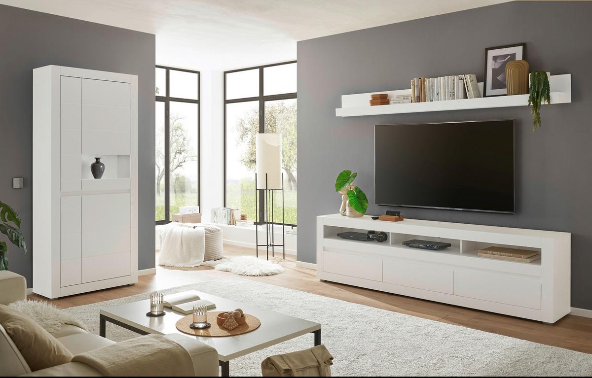 Wohnwand Chester Weiß/Eichefarben B: 312cm - Eichefarben/Silberfarben, Design, Glas/Holzwerkstoff (312/198/42cm) - MID.YOU