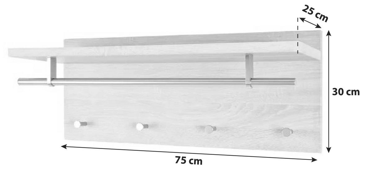Garderobenpaneel Eichefarben Hutablage 4 Haken B: 75 Cm - Edelstahlfarben/Eichefarben, Basics, Holzwerkstoff/Metall (75/30/25cm)