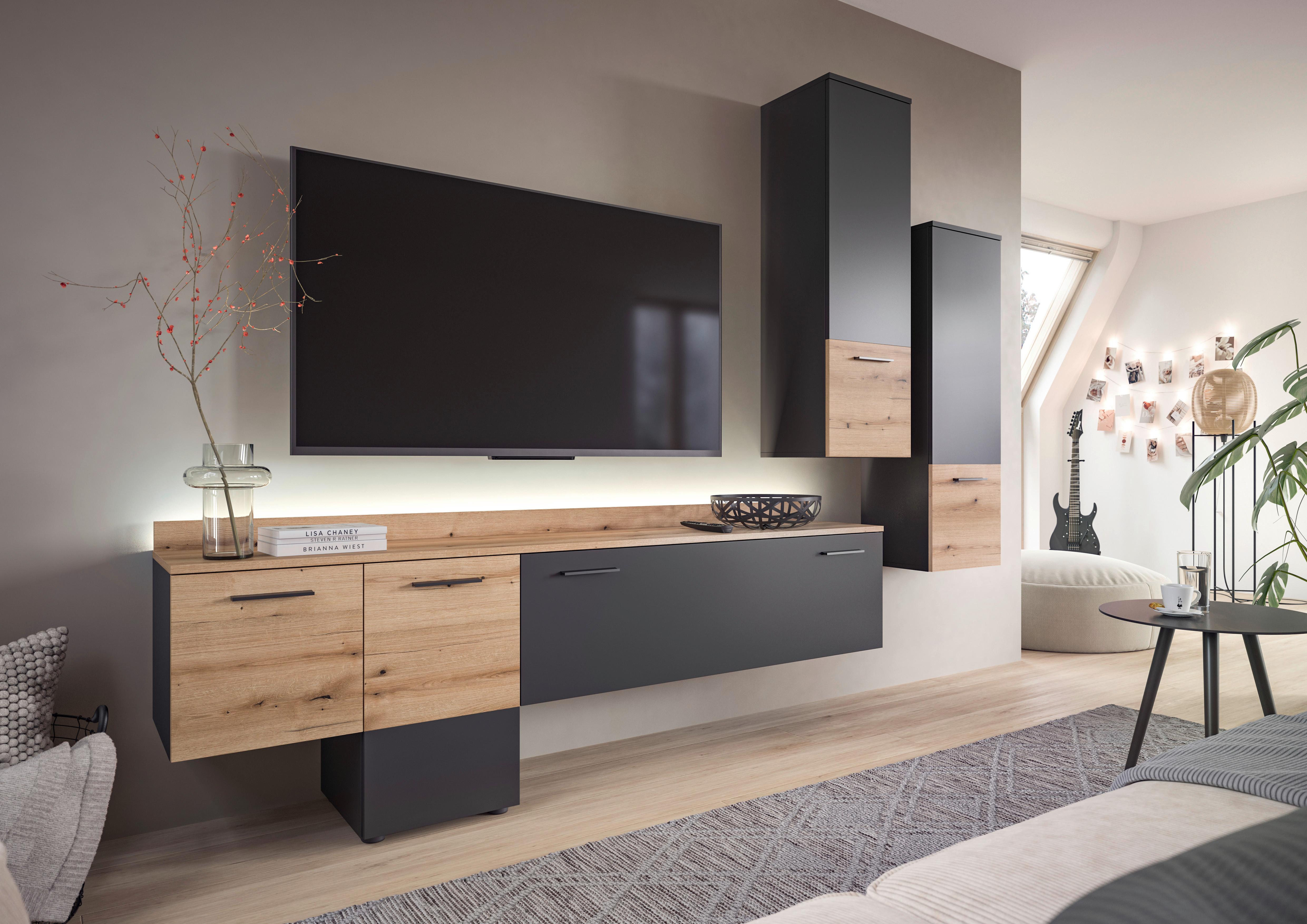 Wohnwand Goal - Eichefarben/Grau, Design, Holzwerkstoff (247/196/37cm) - Livetastic