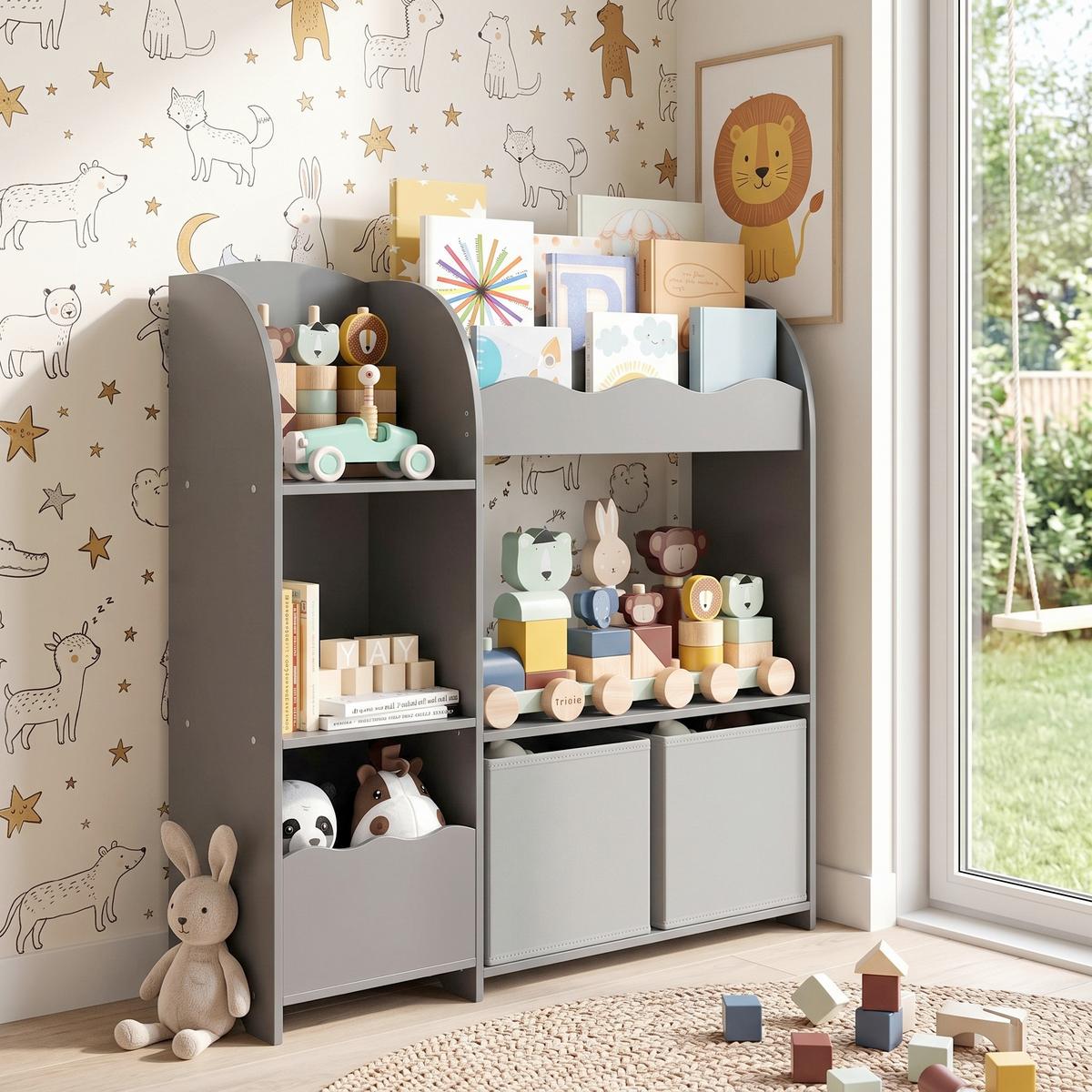 Toy Storage Shelf Grau B: 62,5 cm - Grau, MODERN, Holzwerkstoff/Textil (90/100/30cm) - MID.YOU