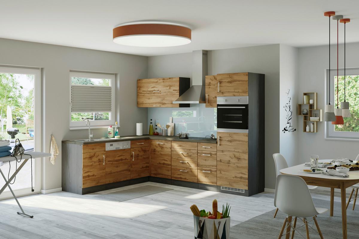 Eckküche Winkelblock Mit Geräten 270x210cm Eichefarben - Schieferfarben/Eiche Wotan, MODERN, Holzwerkstoff (210/270cm) - Held