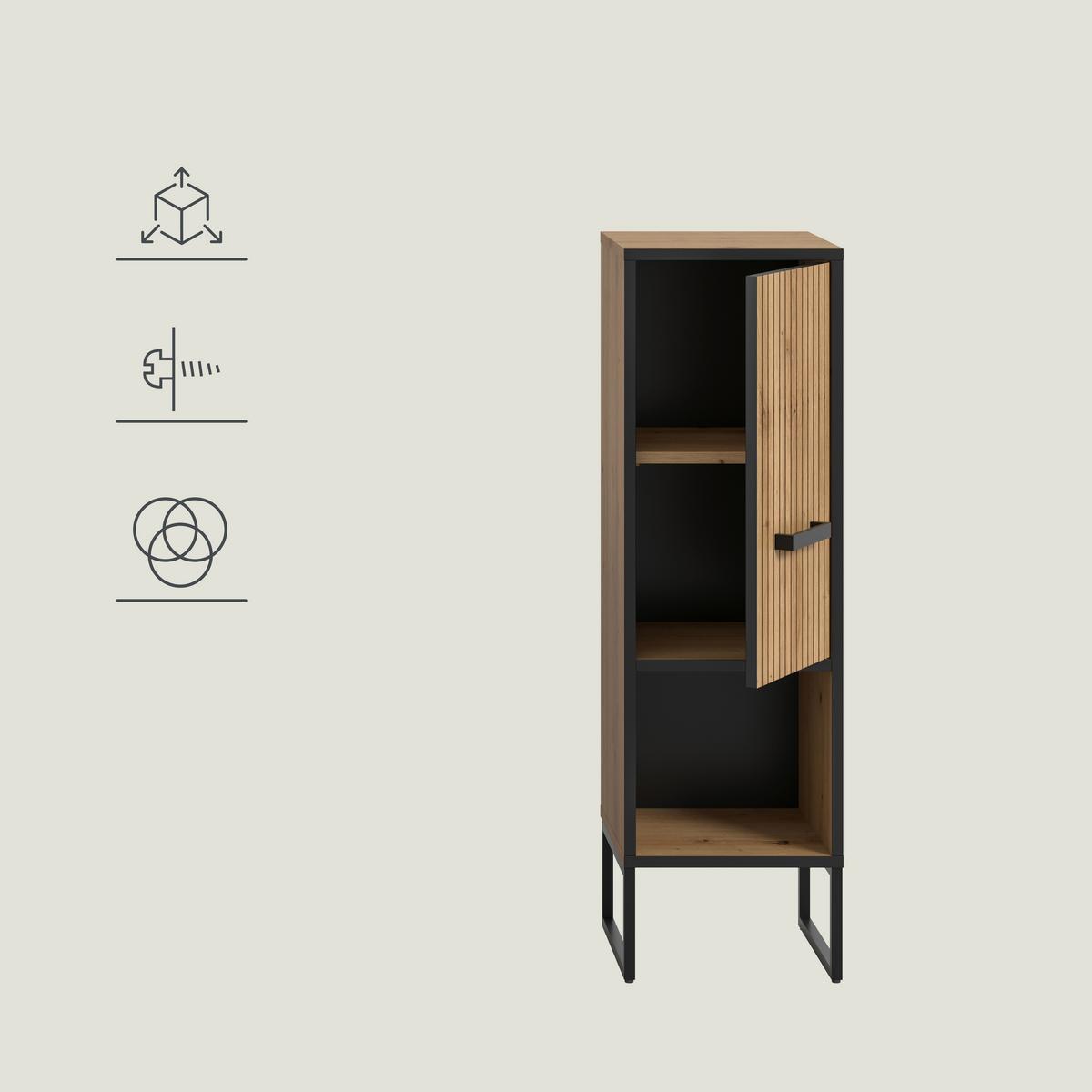 Midischrank Bagno Schwarz /Eiche Artisan Dekor B: 30cm - Schwarz/Eiche Artisan, Trend, Holzwerkstoff (30/101/32cm) - MID.YOU